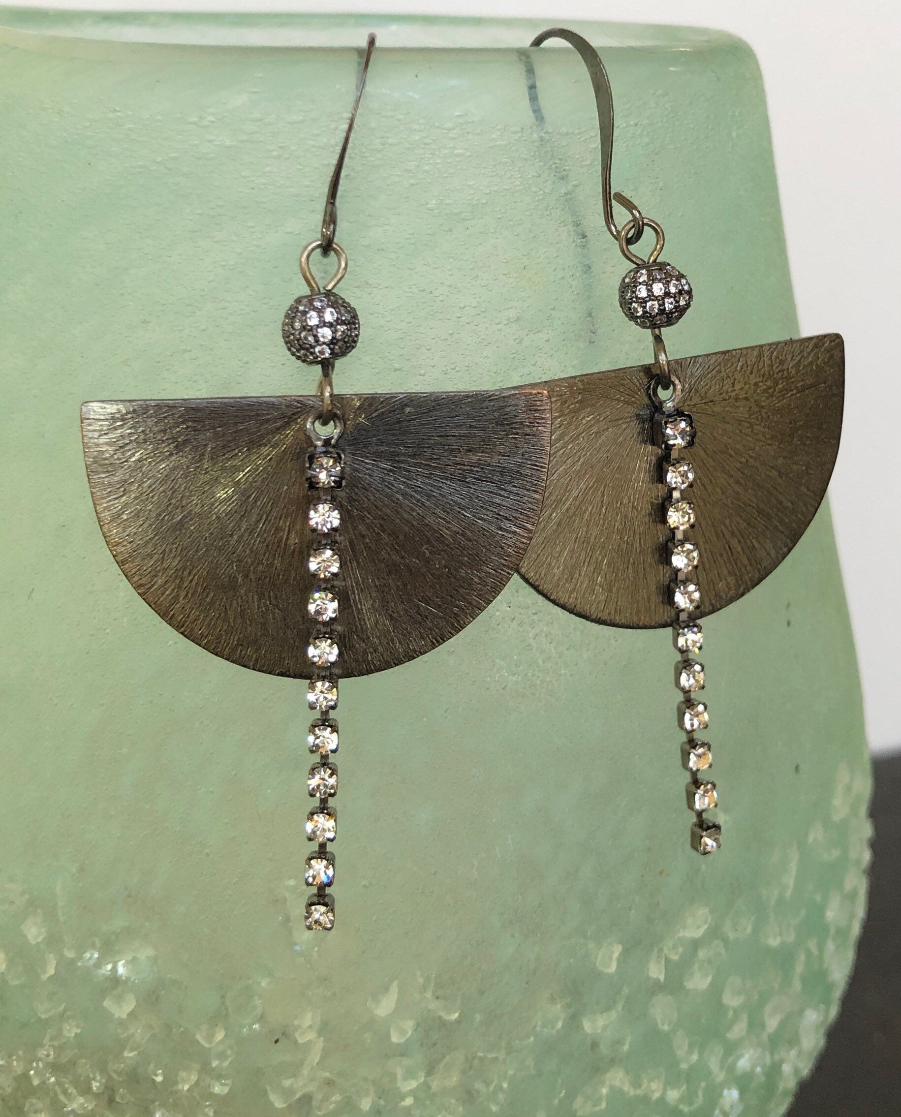 MossberryandStone Half Moon Gunmetal Sparkle Earrings CZ Crystal