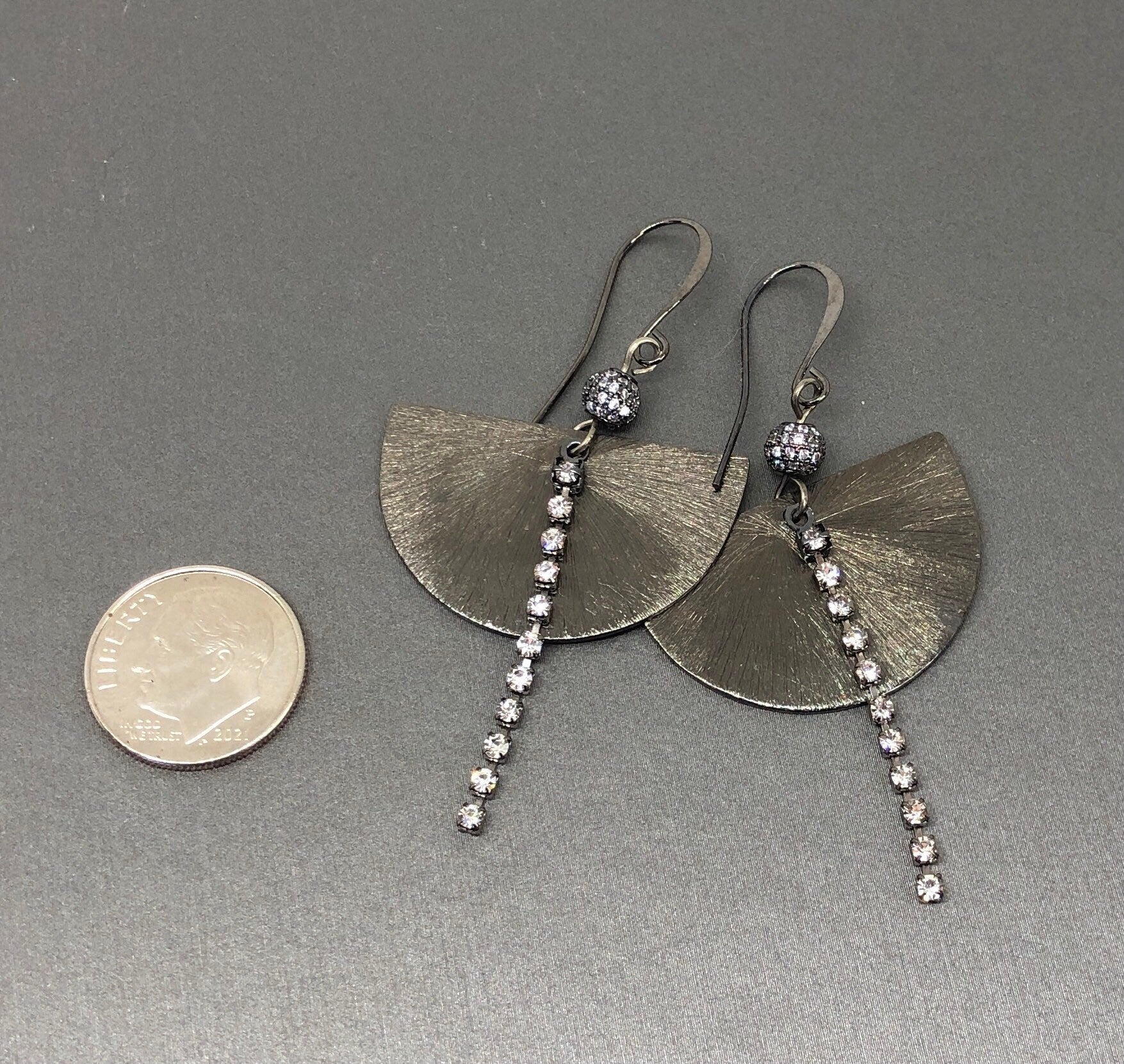 MossberryandStone Half Moon Gunmetal Sparkle Earrings CZ Crystal