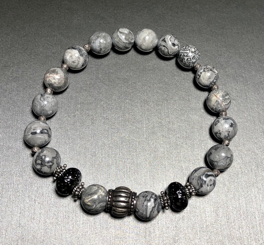 MossberryandStone Sterling Silver and Picasso Jasper Beaded Bracelet Gray