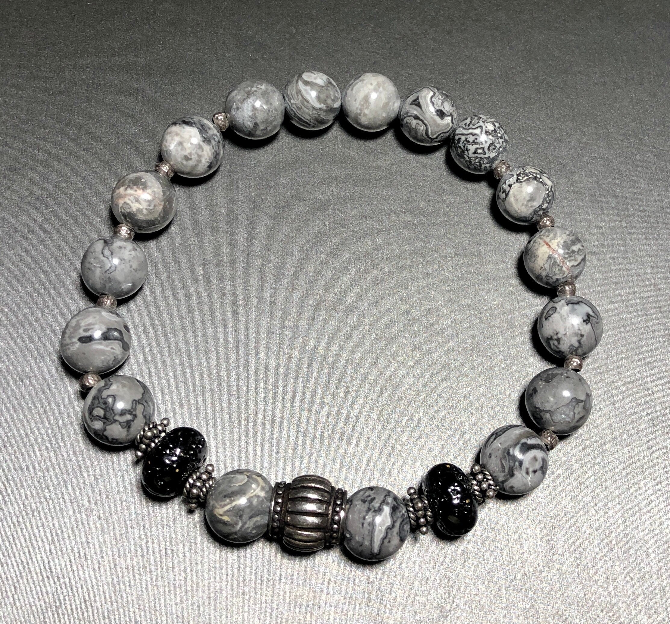 MossberryandStone Sterling Silver and Picasso Jasper Beaded Bracelet Gray