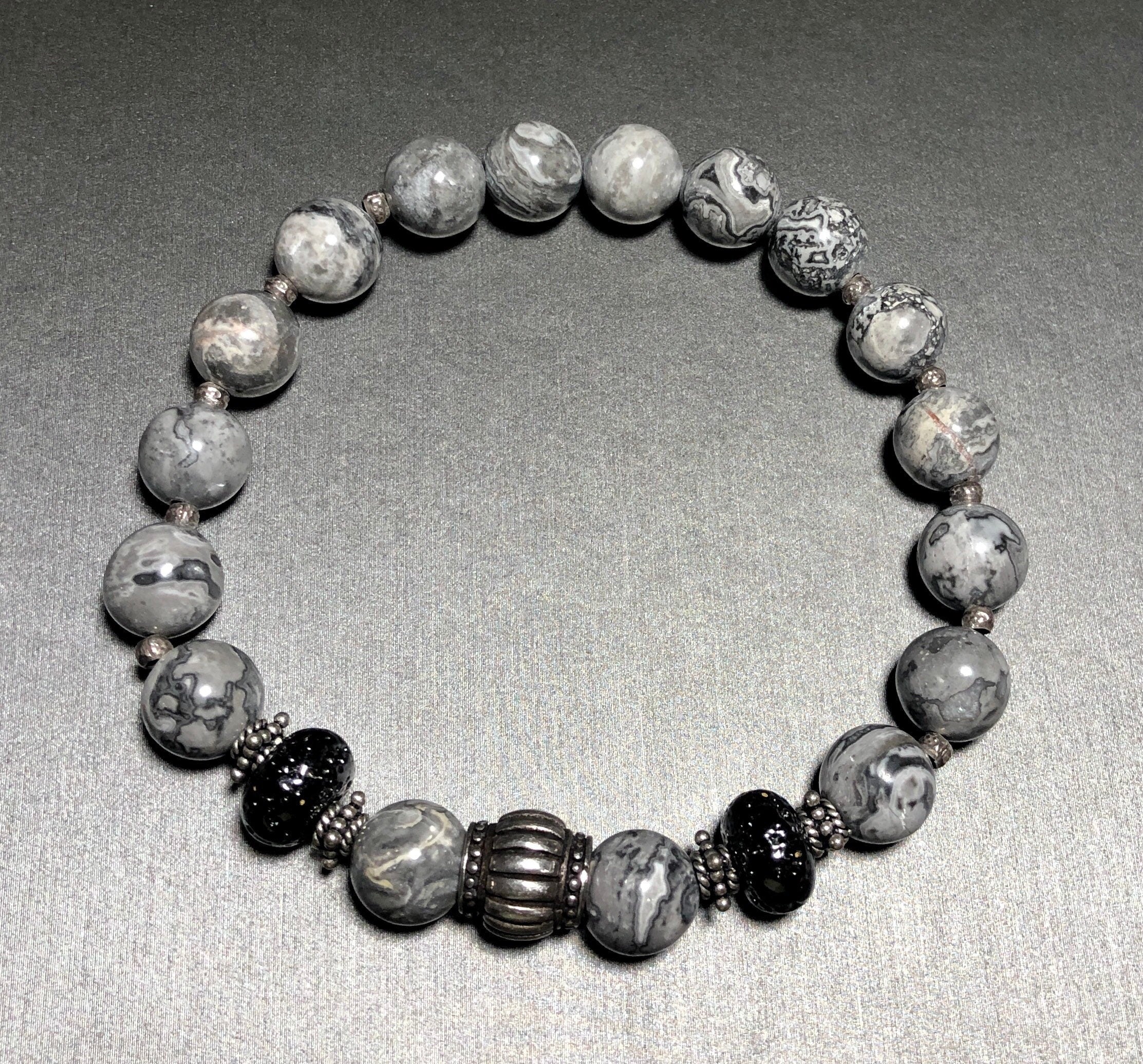 MossberryandStone Sterling Picasso Jasper Beaded Bracelet Unisex Gray