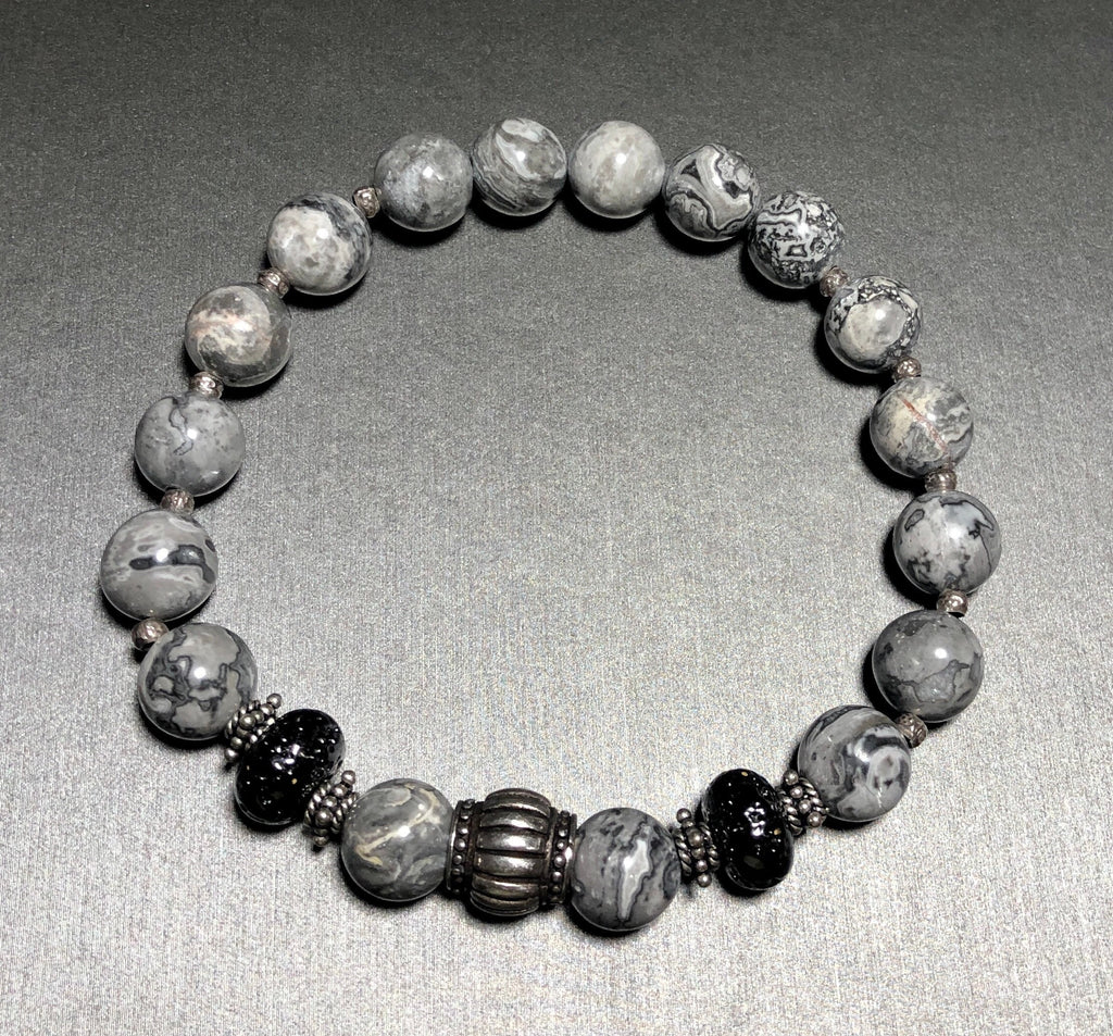 MossberryandStone Sterling Picasso Jasper Beaded Bracelet Unisex Gray