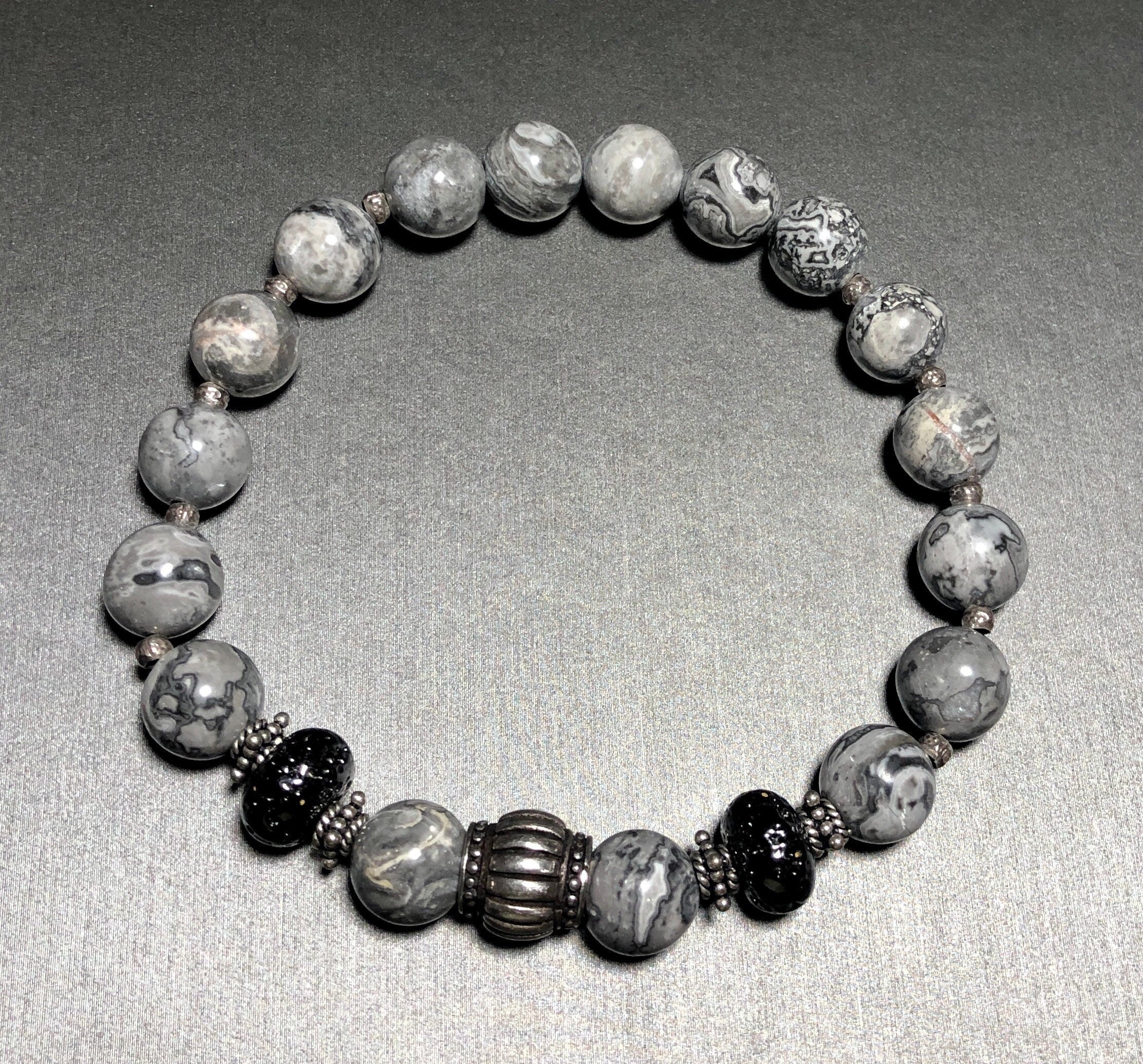 MossberryandStone Sterling Picasso Jasper Beaded Bracelet Unisex Gray