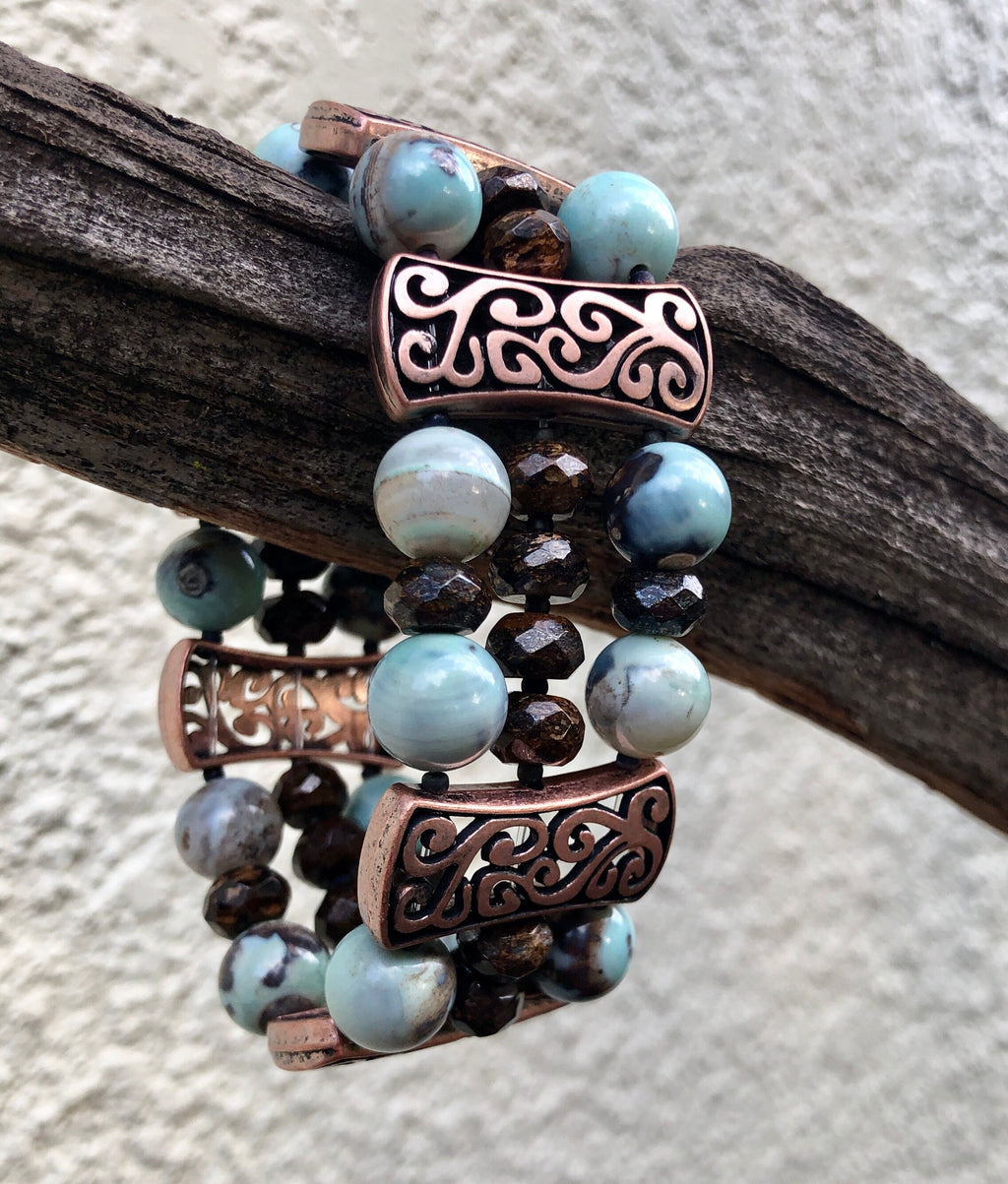 MossberryandStone Agate and Bronzite Beaded Stretch Bracelet 1in Wide