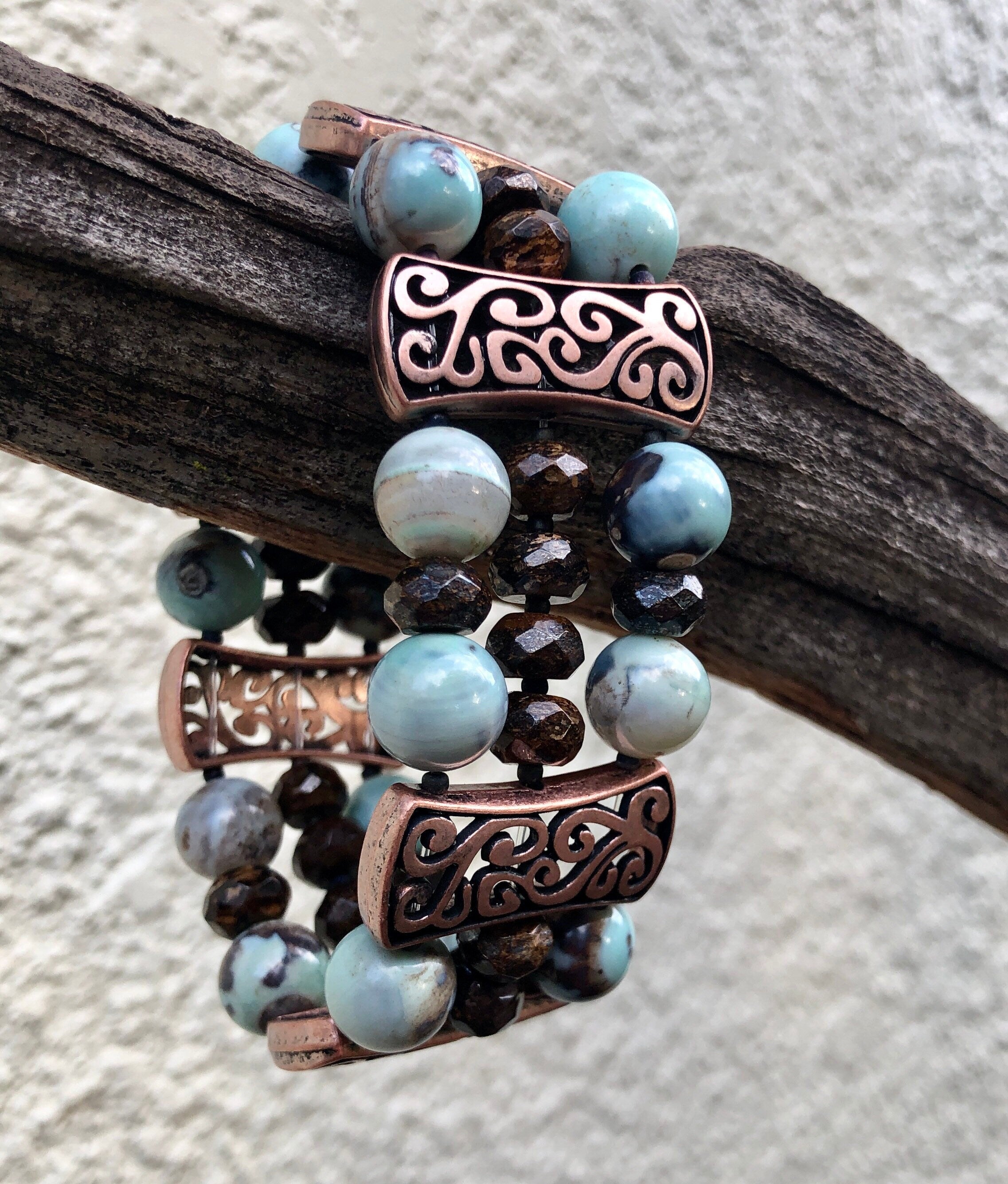 MossberryandStone Agate and Bronzite Beaded Stretch Bracelet 1in Wide
