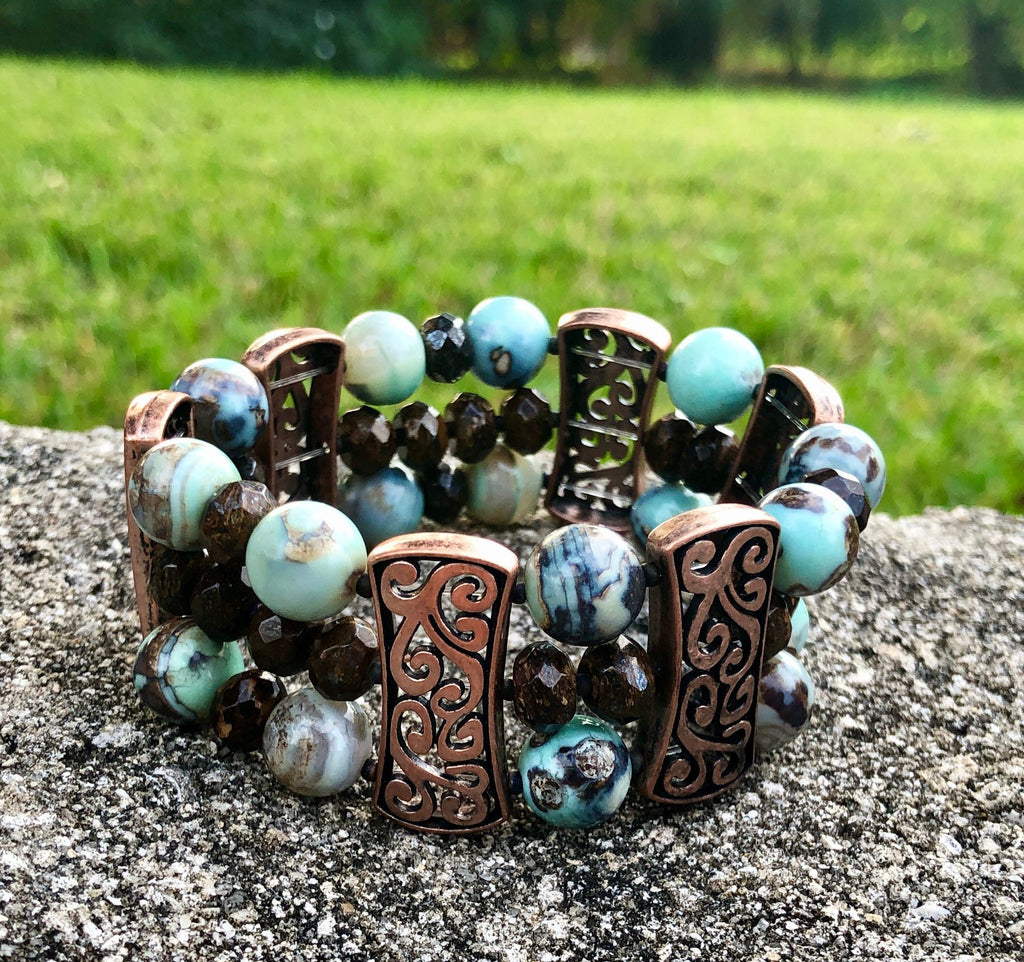 MossberryandStone Agate and Bronzite Beaded Stretch Bracelet 1in Wide