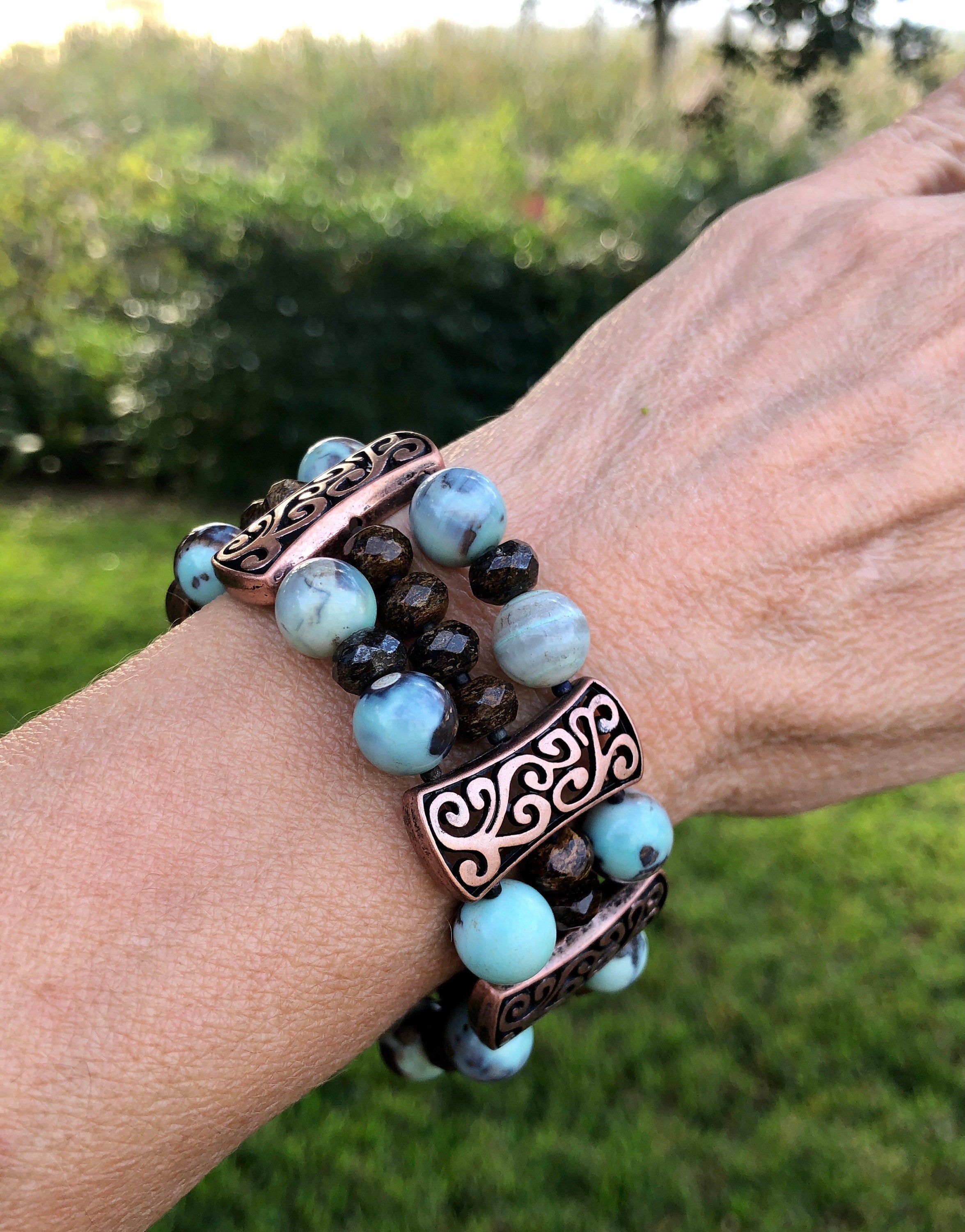 MossberryandStone Agate and Bronzite Beaded Stretch Bracelet 1in Wide