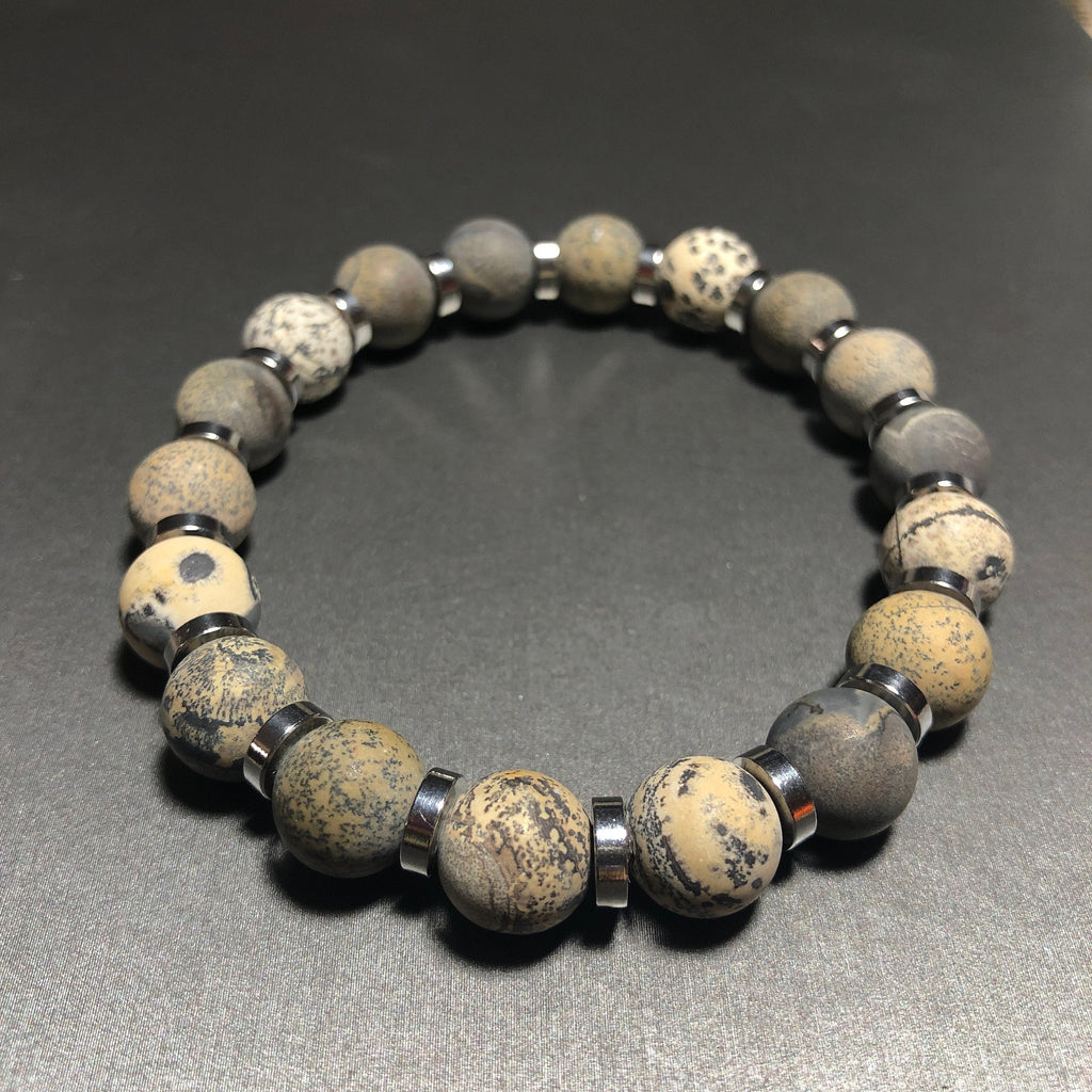 Artistic Matte Jasper and Silver Beaded Bracelet, Unisex Neutral Toned Stretch Bracelet