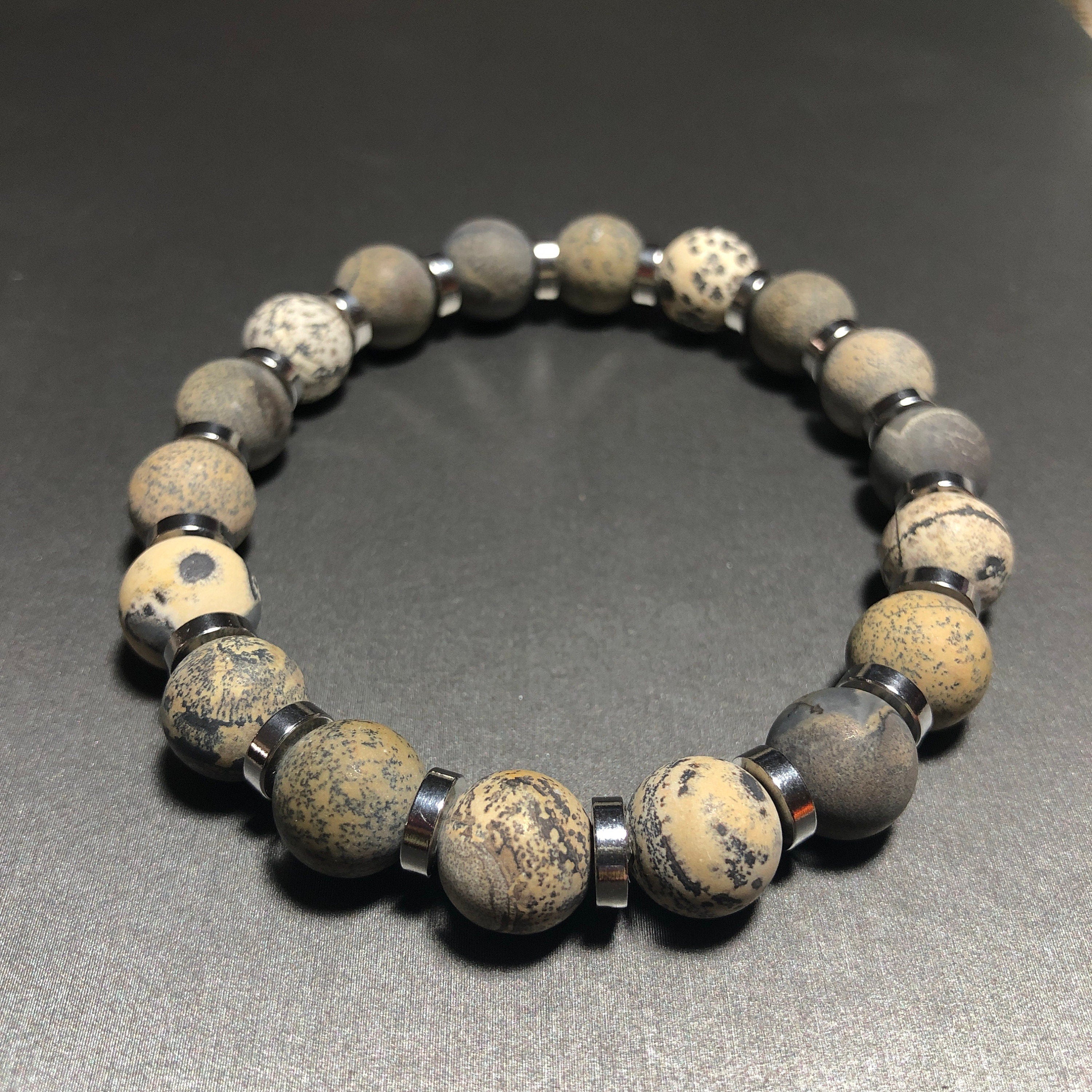 Artistic Matte Jasper and Silver Beaded Bracelet, Unisex Neutral Toned Stretch Bracelet