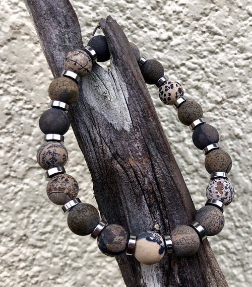 Artistic Matte Jasper and Silver Beaded Bracelet, Unisex Neutral Toned Stretch Bracelet