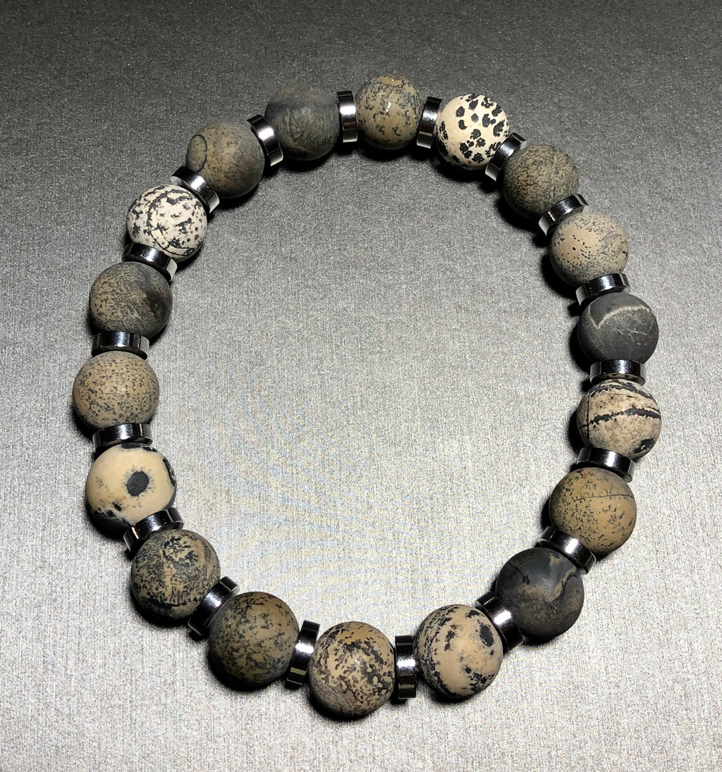 Artistic Matte Jasper and Silver Beaded Bracelet, Unisex Neutral Toned Stretch Bracelet