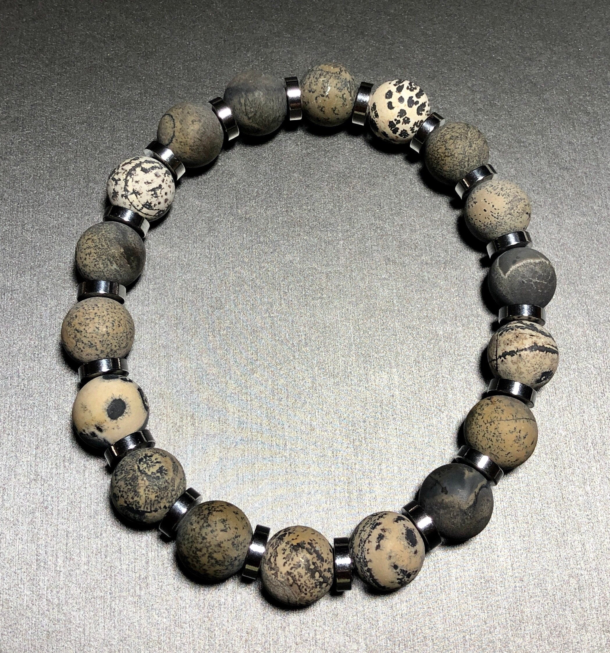 Artistic Matte Jasper and Silver Beaded Bracelet, Unisex Neutral Toned Stretch Bracelet