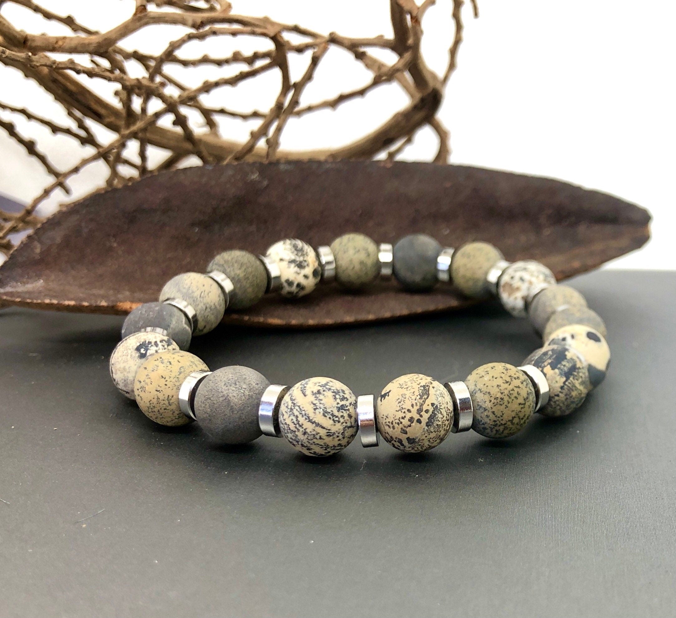 Artistic Matte Jasper and Silver Beaded Bracelet, Unisex Neutral Toned Stretch Bracelet