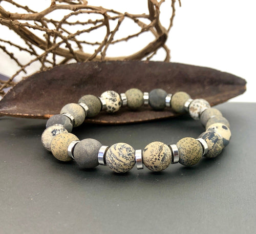 Artistic Matte Jasper and Silver Beaded Bracelet, Unisex Neutral Toned Stretch Bracelet
