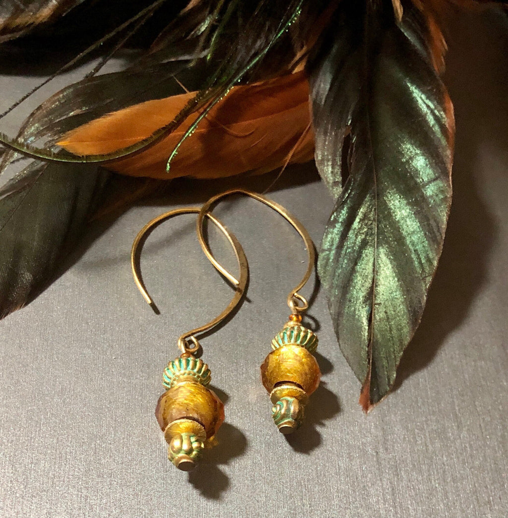 MossberryandStone Aztec Sunset Gold Dangle Earrings with Verdigris Glass