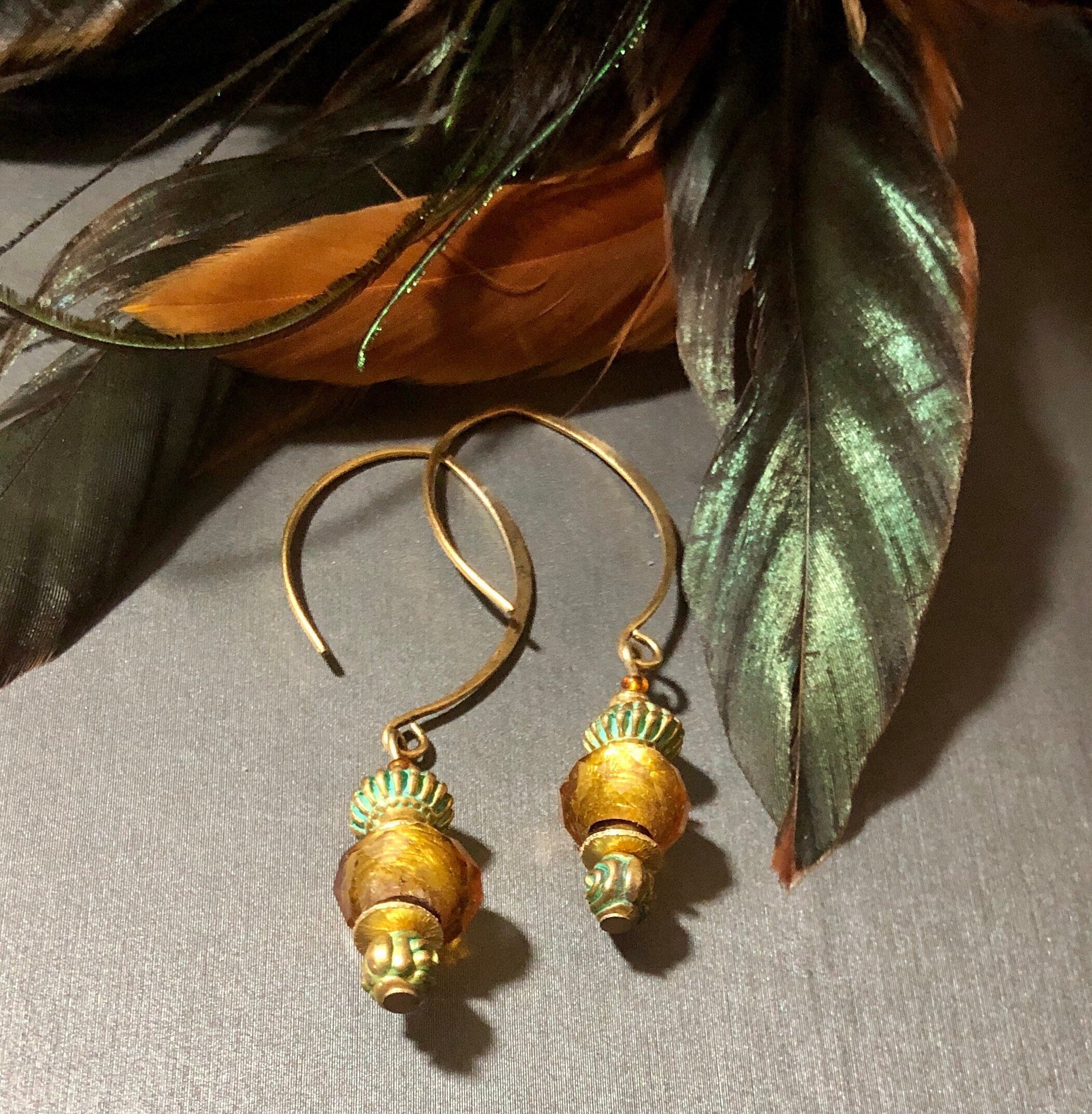 MossberryandStone Aztec Sunset Gold Dangle Earrings with Verdigris Glass