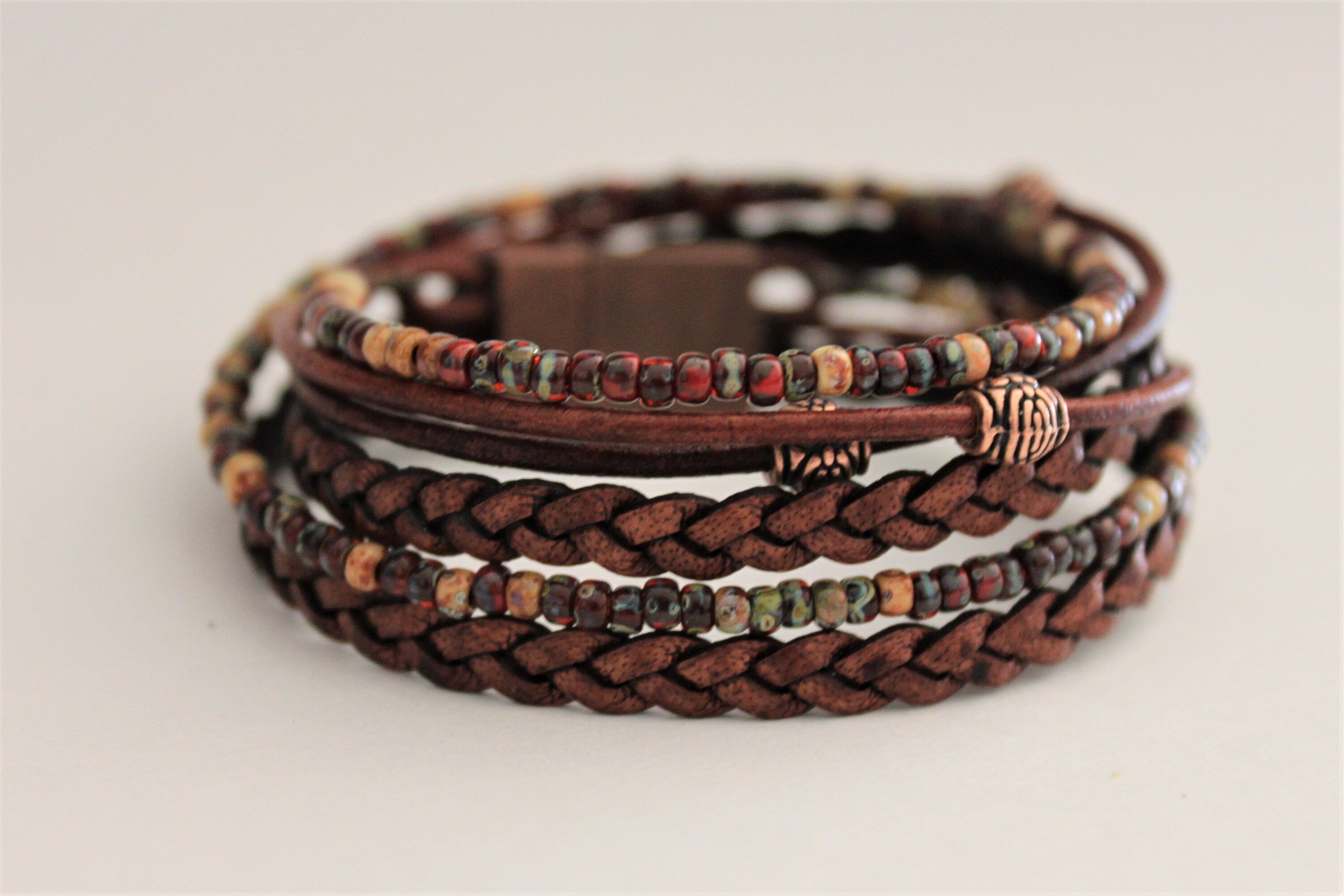 BohoWrapFrancesca Boho Leather Wrap Bracelet Miyoki Seed Beads Magnetic Clasp