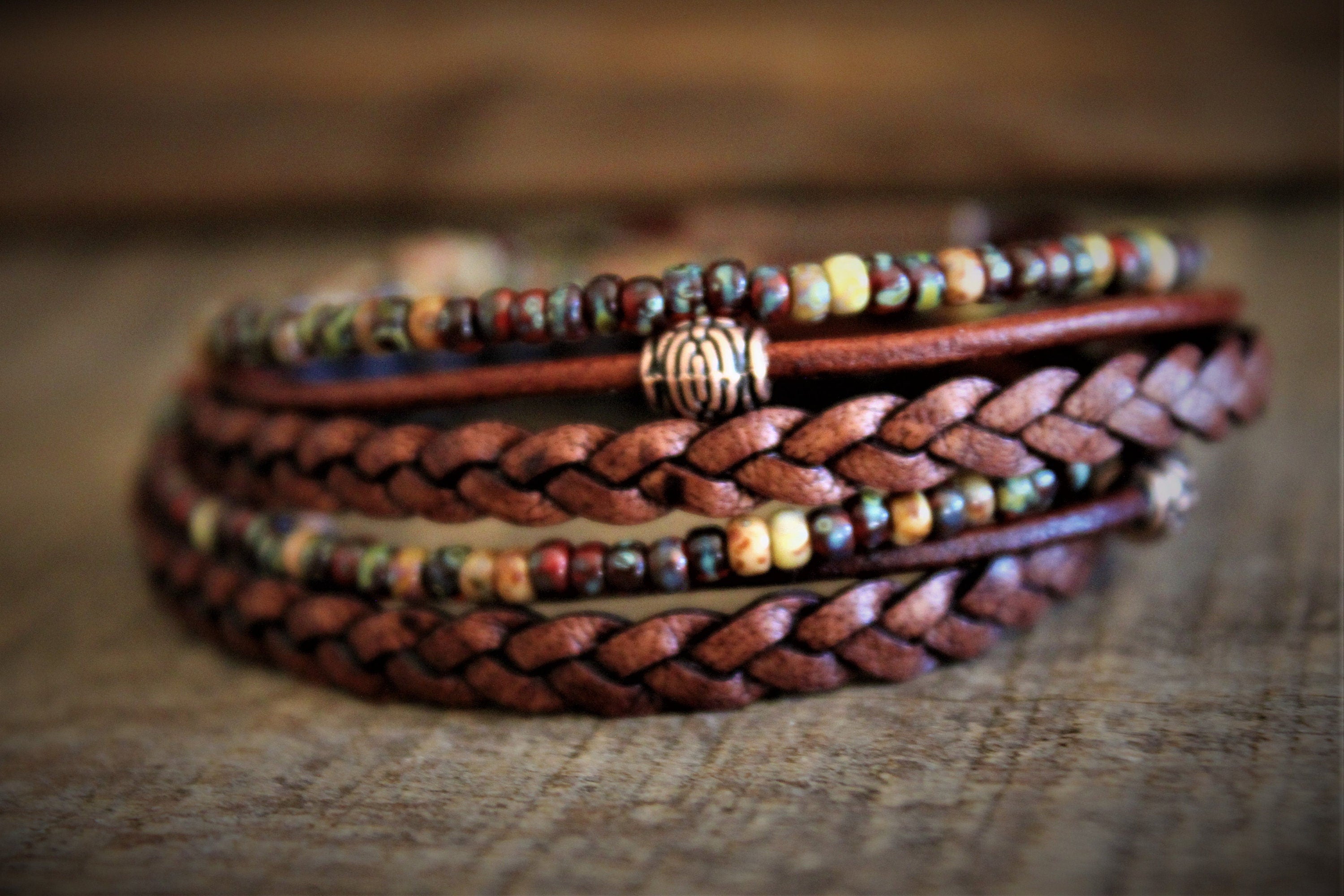 BohoWrapFrancesca Boho Leather Wrap Bracelet Miyoki Seed Beads Magnetic Clasp