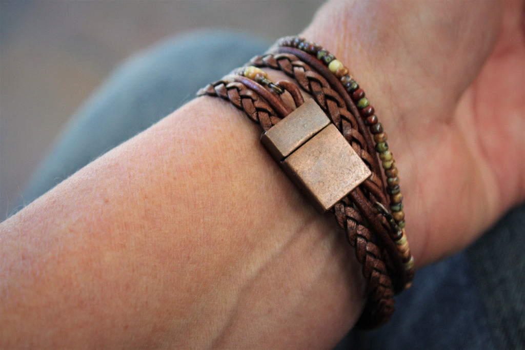 BohoWrapFrancesca Boho Leather Wrap Bracelet Miyoki Seed Beads Magnetic Clasp