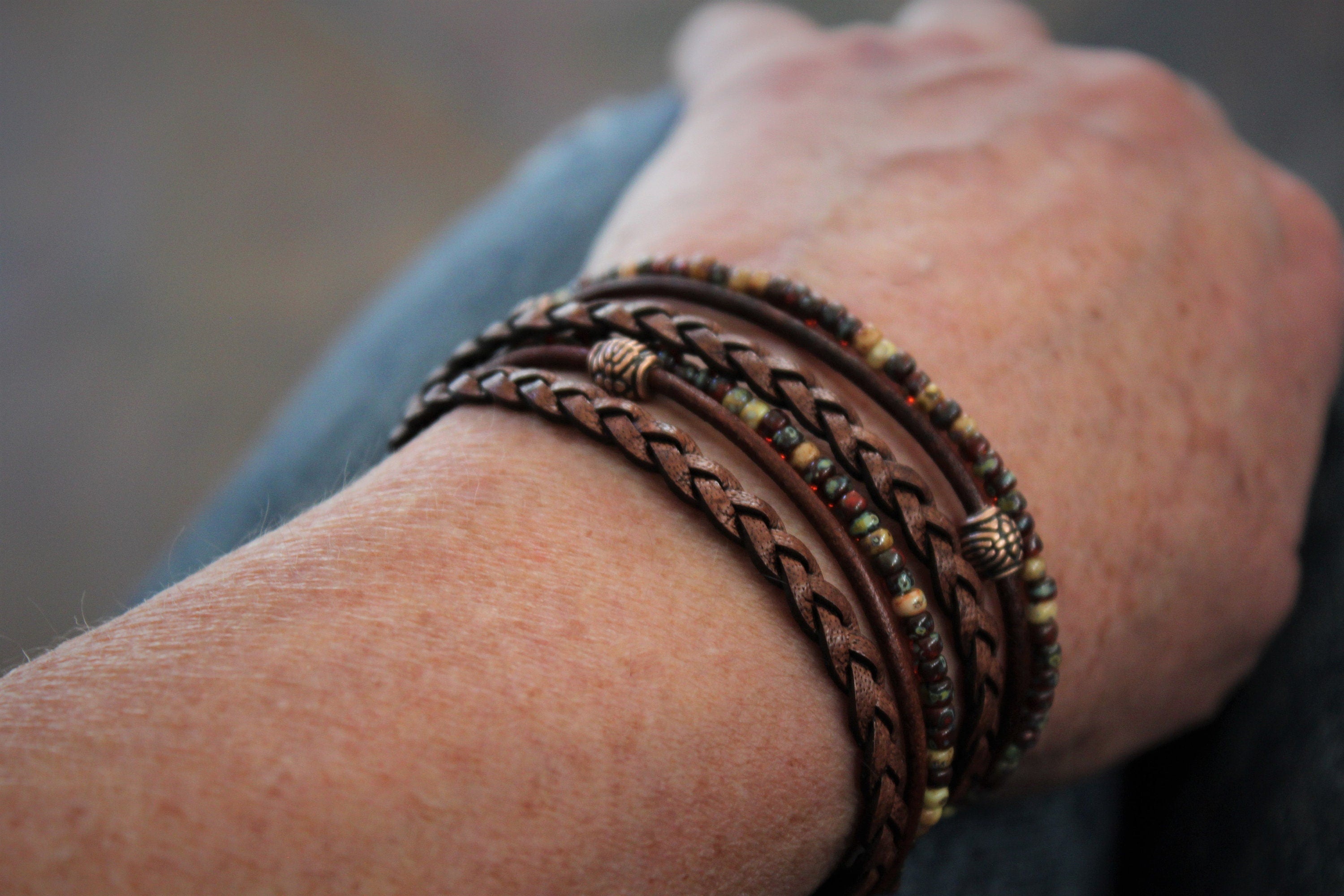 BohoWrapFrancesca Boho Leather Wrap Bracelet Miyoki Seed Beads Magnetic Clasp
