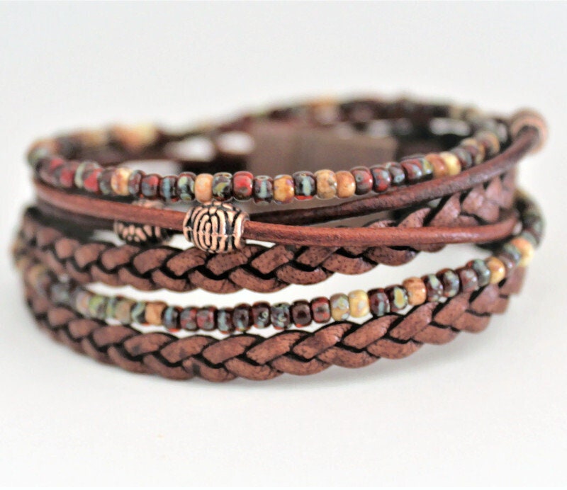 BohoWrapFrancesca Braided Leather Wrap Bracelet Miyoki Seed Beads