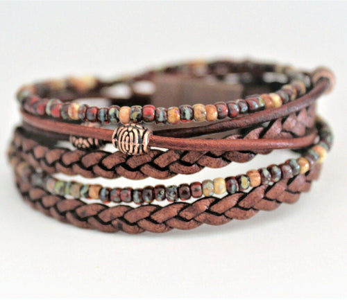 BohoWrapFrancesca Braided Leather Wrap Bracelet Miyoki Seed Beads