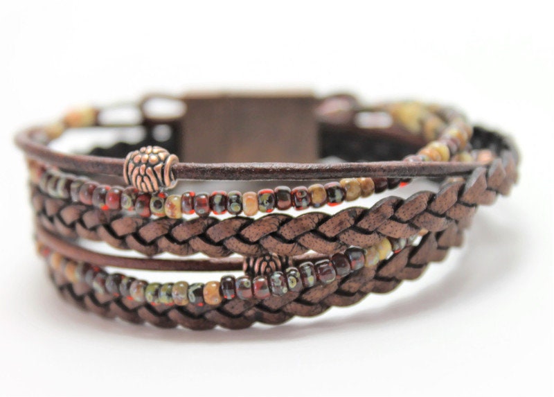 BohoWrapFrancesca Braided Leather Wrap Bracelet Miyoki Seed Beads