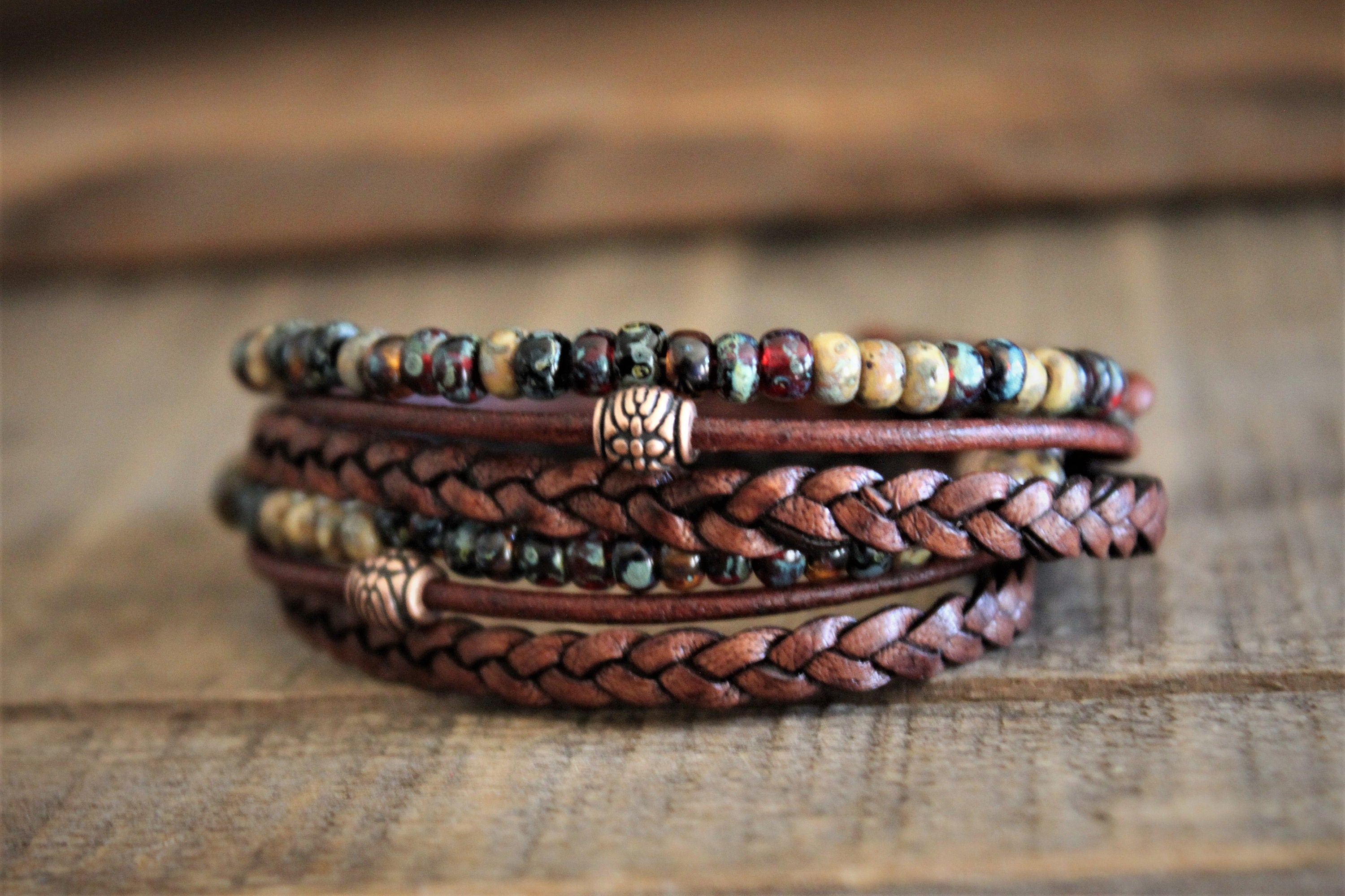 BohoWrapFrancesca Boho Leather Wrap Bracelet Braided Napa Miyuki Beads