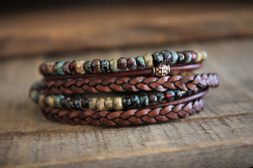 BohoWrapFrancesca Boho Leather Wrap Bracelet Braided Napa Miyuki Beads