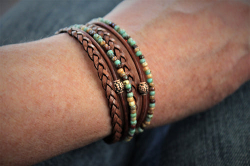 BohoWrapFrancesca Leather Wrap Bracelet Turquoise Beaded Boho