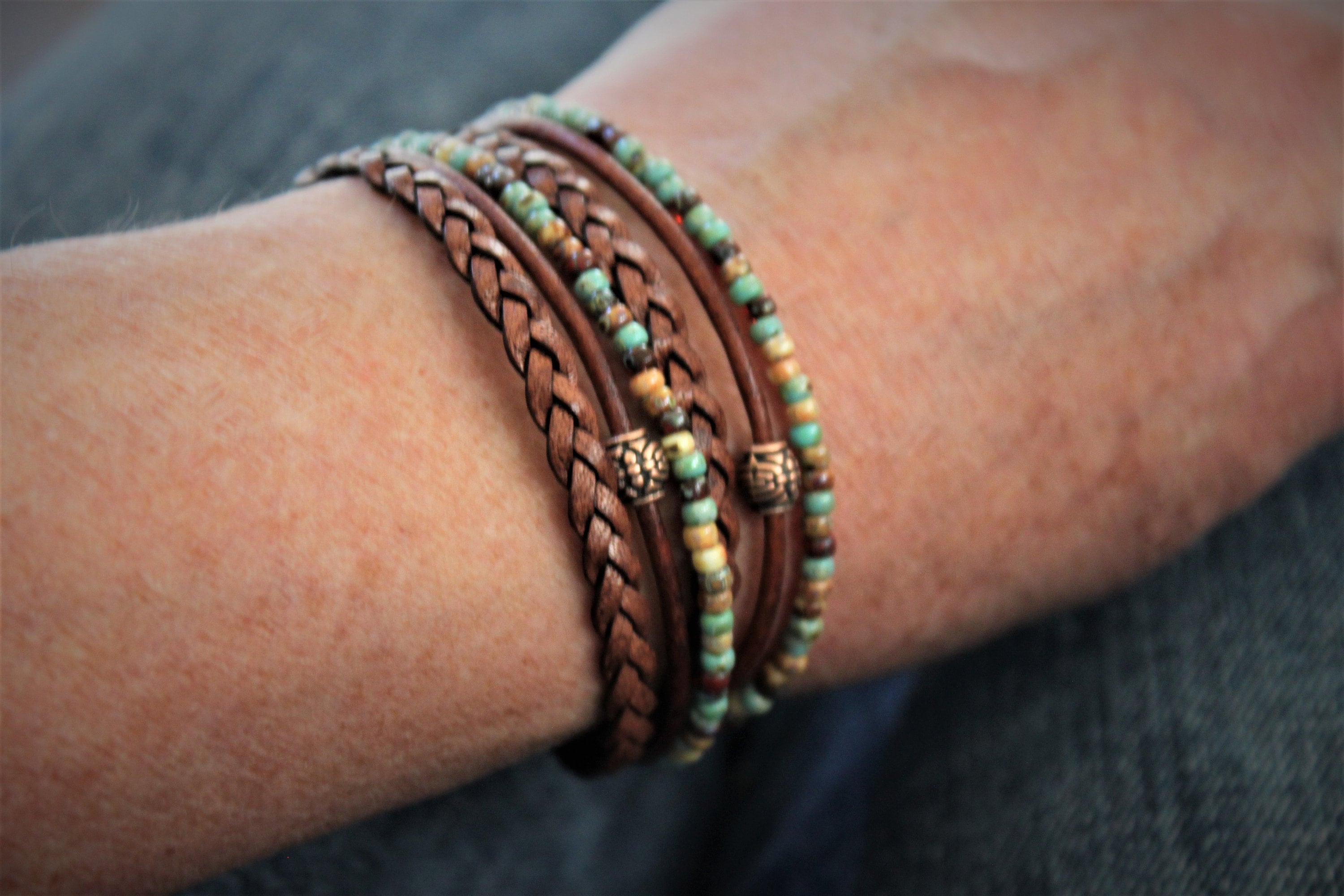 BohoWrapFrancesca Boho Leather Wrap Bracelet Earthy Beaded Stackable Jewelry