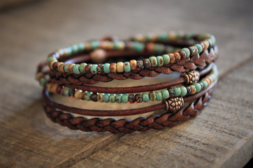Boho Leather Wrap Bracelet Earthy Beaded Stackable Jewelry