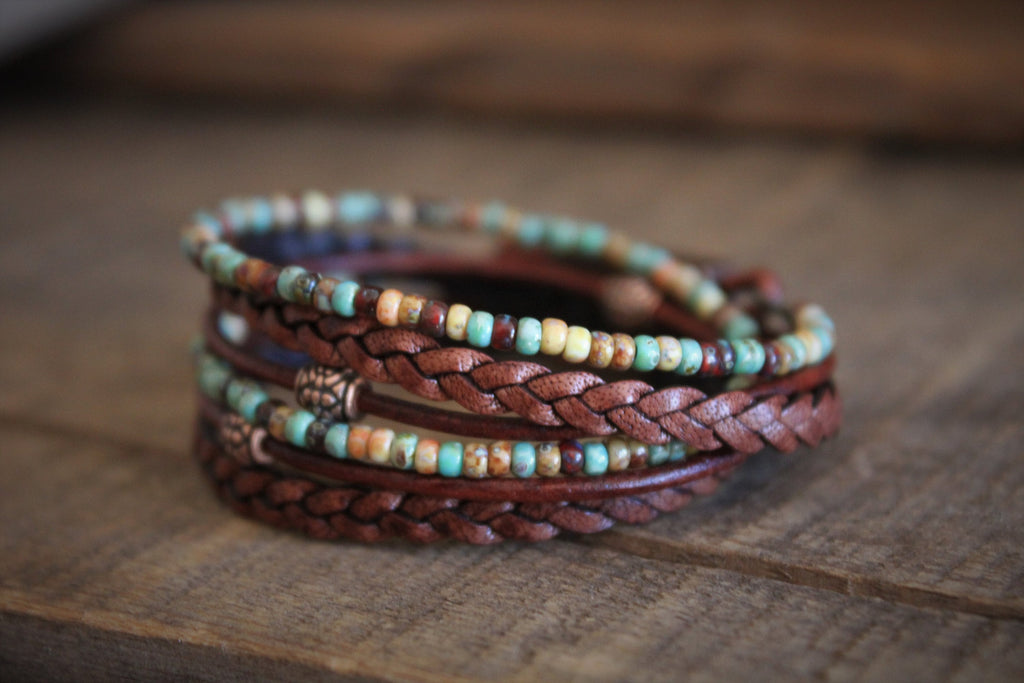 BohoWrapFrancesca Boho Leather Wrap Bracelet Earthy Beaded Stackable Jewelry