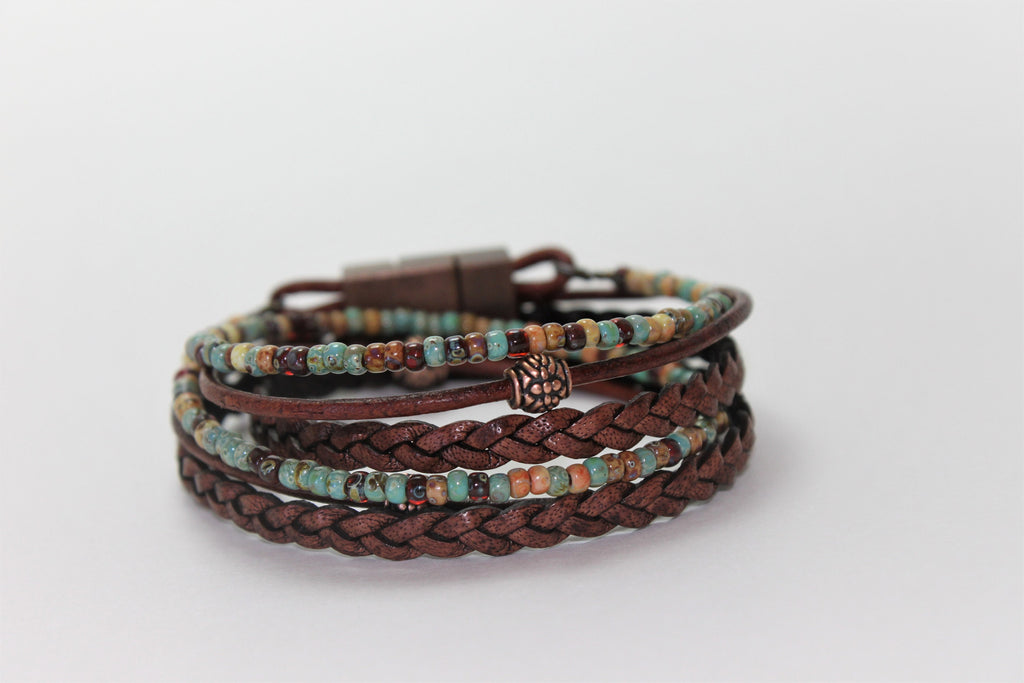 BohoWrapFrancesca Boho Leather Wrap Bracelet Earthy Beaded Stackable Jewelry