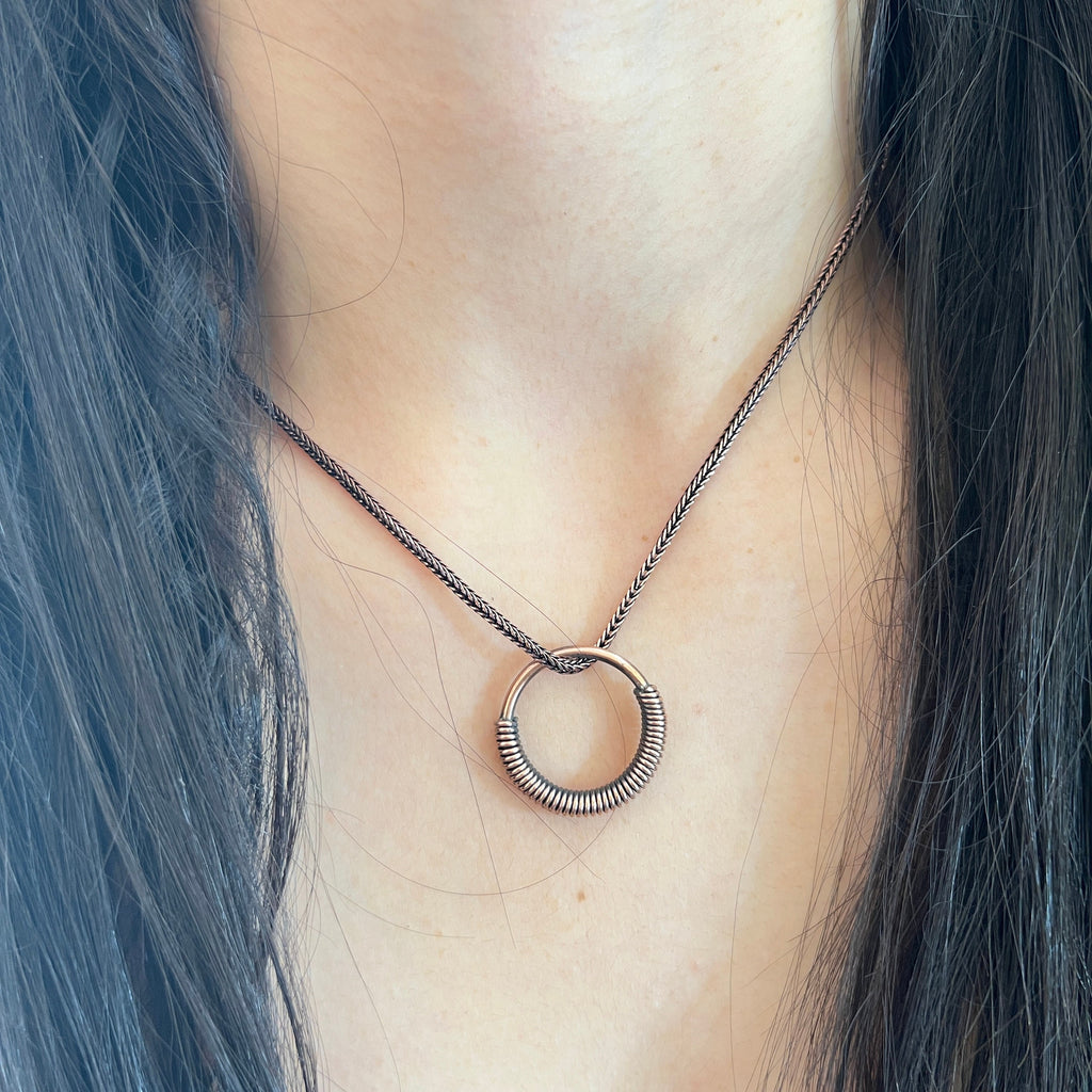 Handmade Copper Circle Pendant Necklace: Wire Wrapped Jewelry, 20 Inch Chain