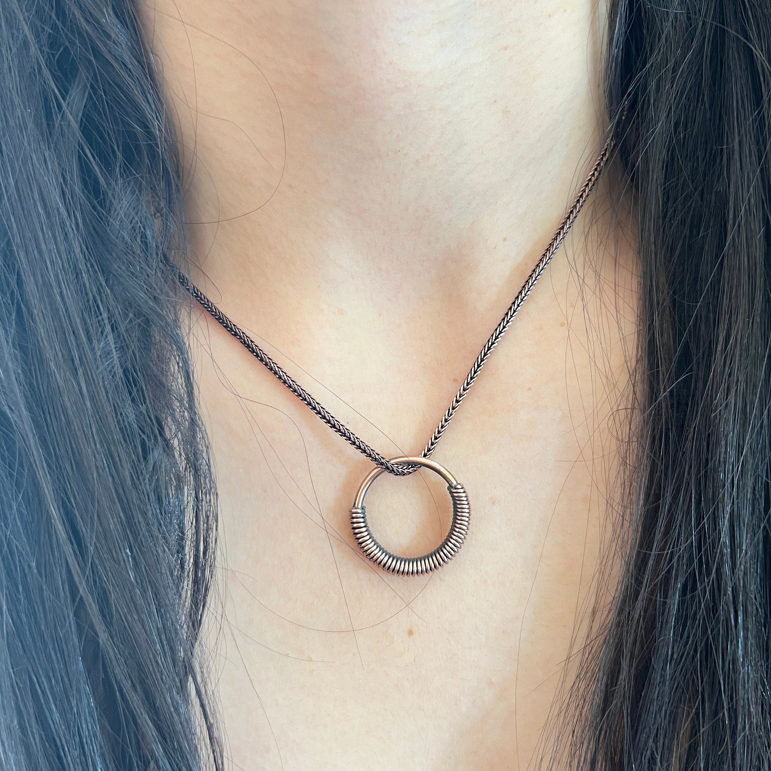 Handmade Copper Circle Pendant Necklace: Wire Wrapped Jewelry, 20 Inch Chain