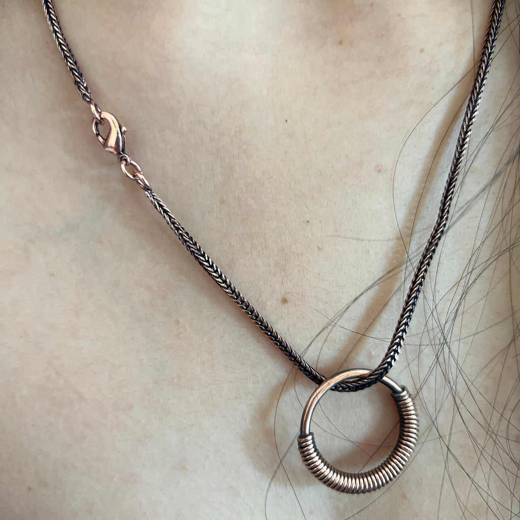 Handmade Copper Circle Pendant Necklace: Wire Wrapped Jewelry, 20 Inch Chain