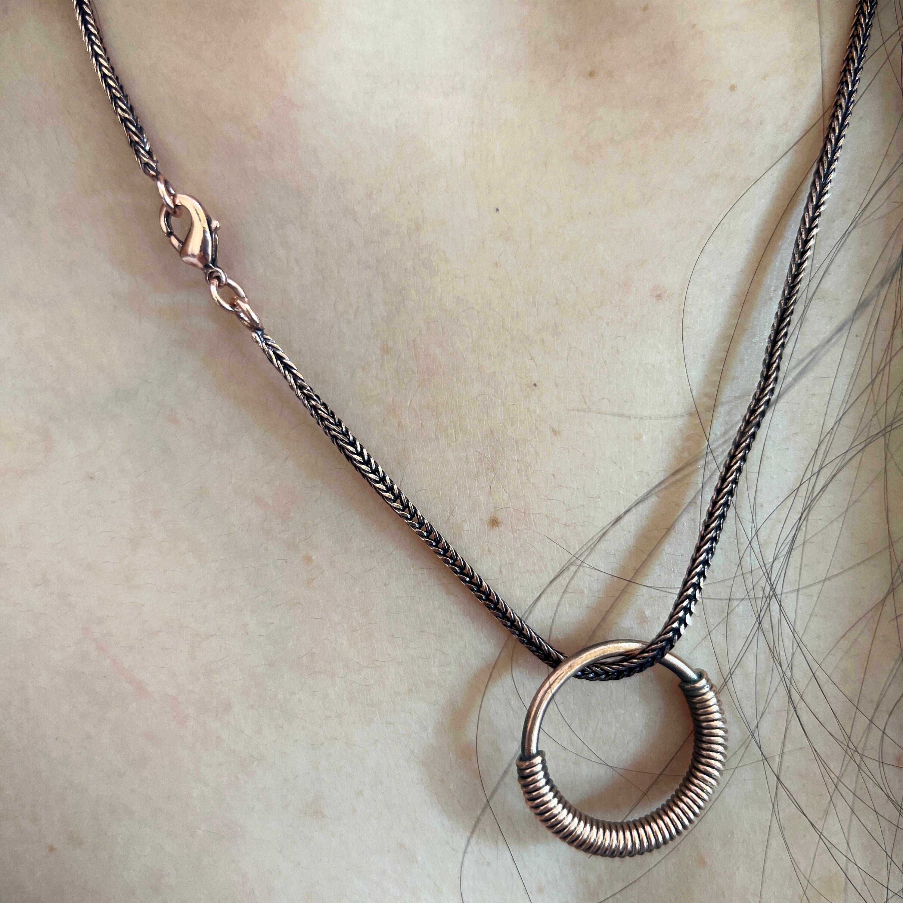 Handmade Copper Circle Pendant Necklace: Wire Wrapped Jewelry, 20 Inch Chain