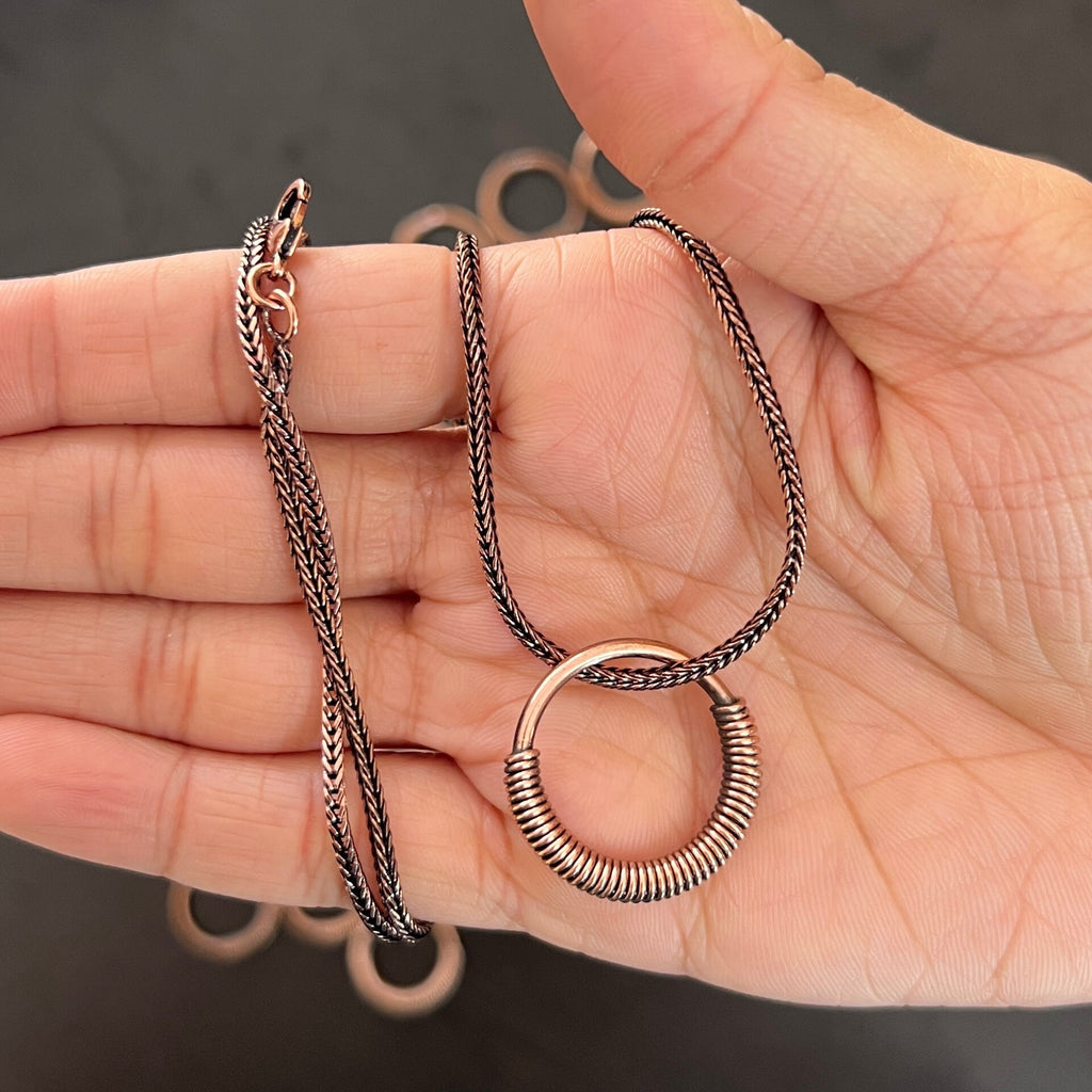 Handmade Copper Circle Pendant Necklace: Wire Wrapped Jewelry, 20 Inch Chain