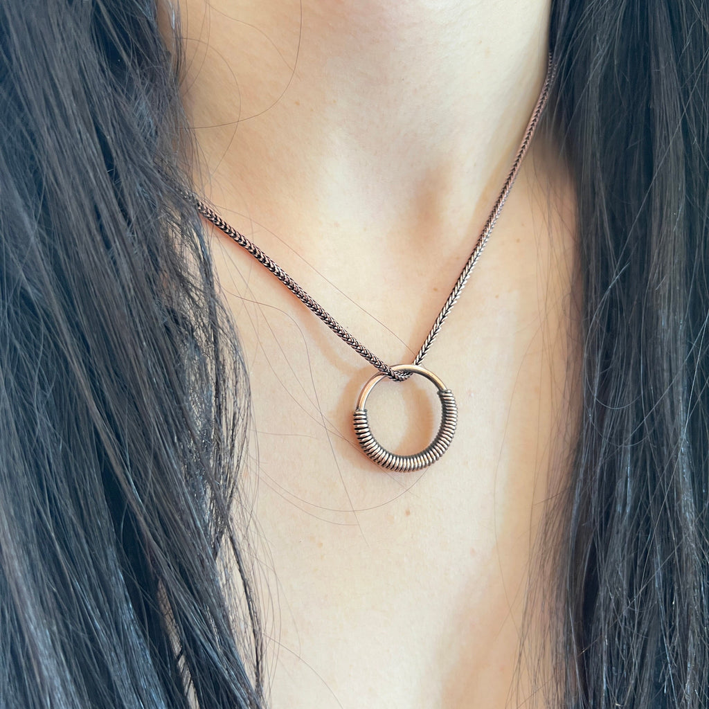Handmade Copper Circle Pendant Necklace: Wire Wrapped Jewelry, 20 Inch Chain