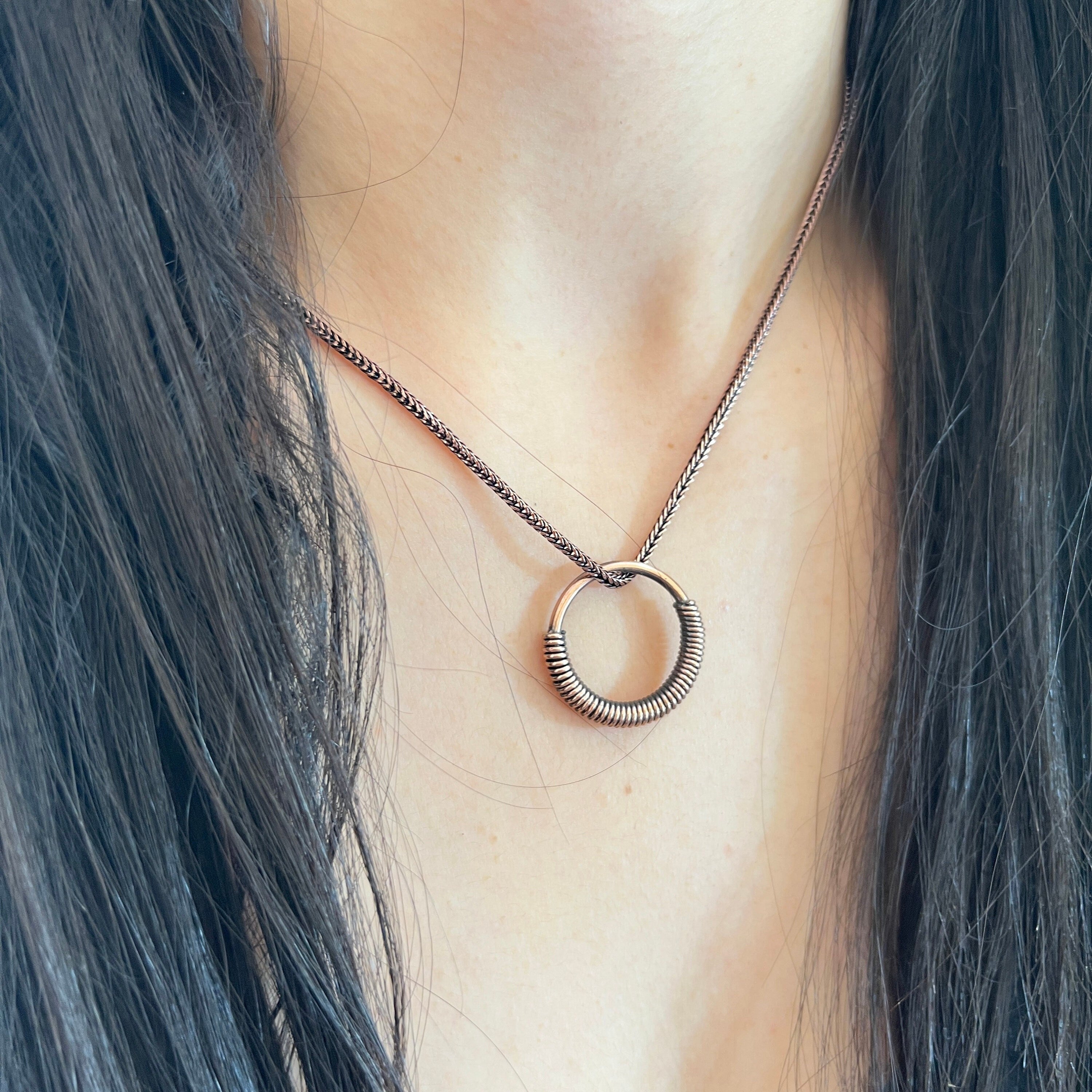 Handmade Copper Circle Pendant Necklace: Wire Wrapped Jewelry, 20 Inch Chain