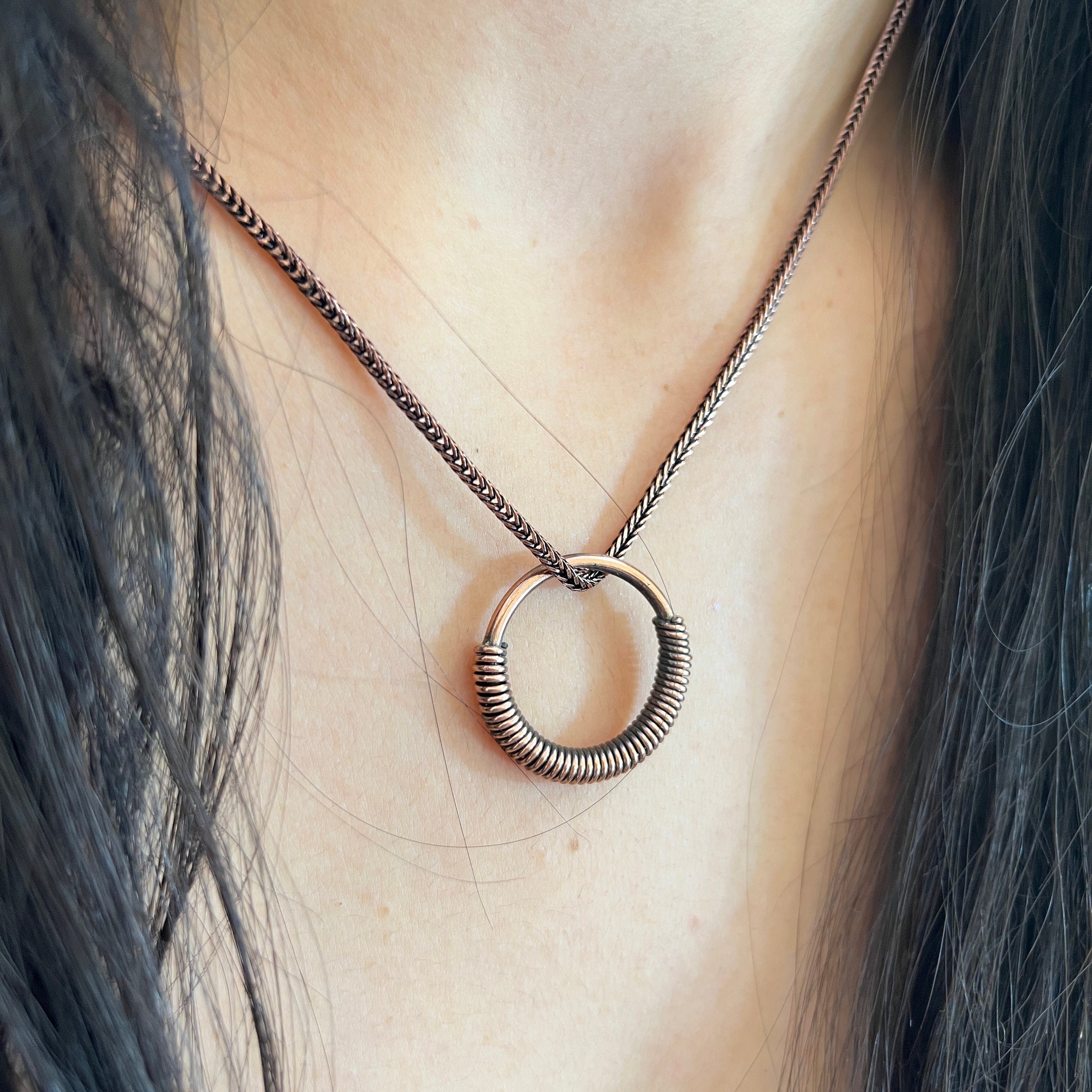 Handmade Copper Circle Pendant Necklace: Wire Wrapped Jewelry, 20 Inch Chain