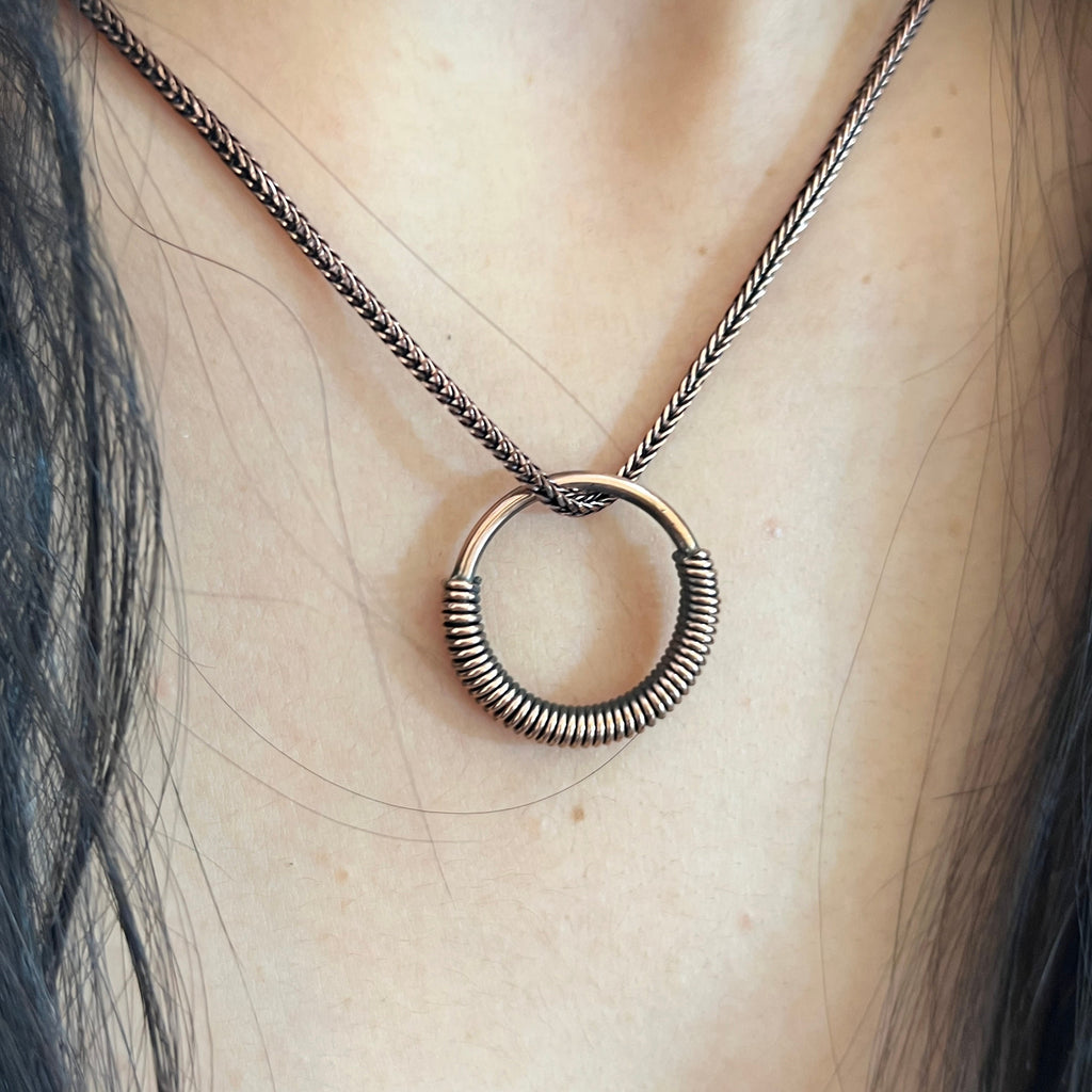 Handmade Copper Circle Pendant Necklace: Wire Wrapped Jewelry, 20 Inch Chain