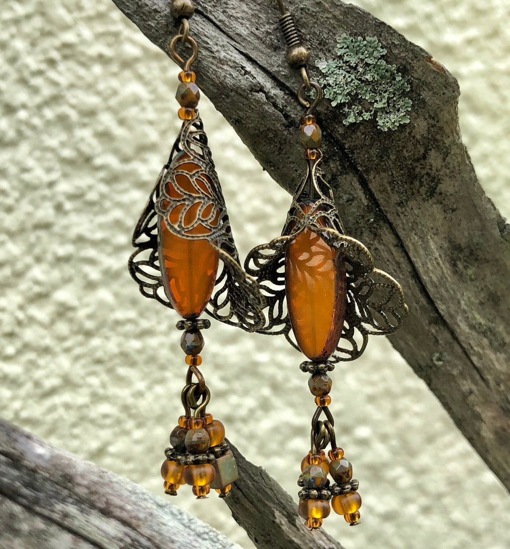 MossberryandStone Autumn Harvest Czech Glass Dangle Earrings Antique Bronze