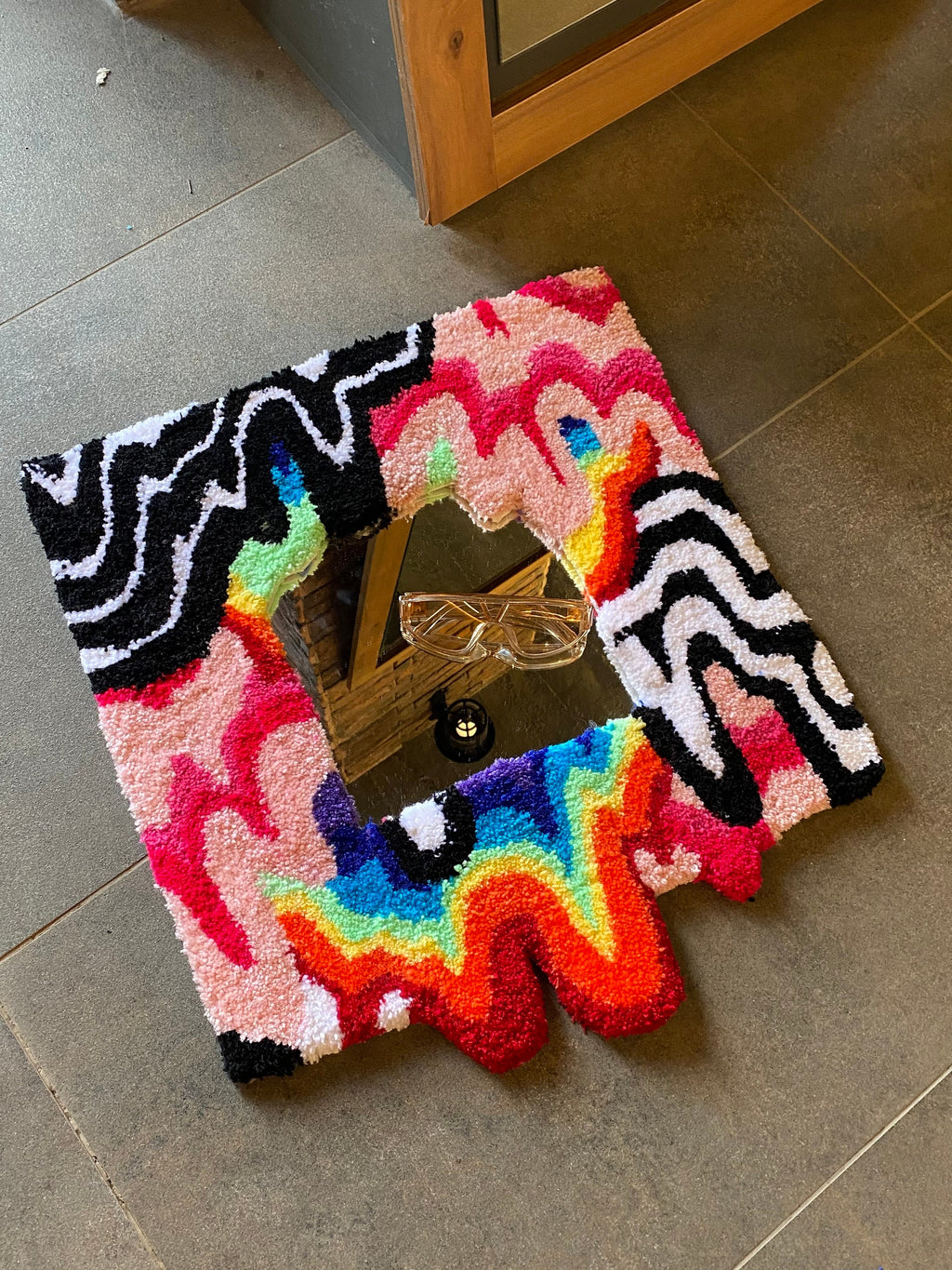OrnnWorks Rainbow Chaotic LSD Fluid Mushroom Handmade Fluffy Mirror Rug 19.7in