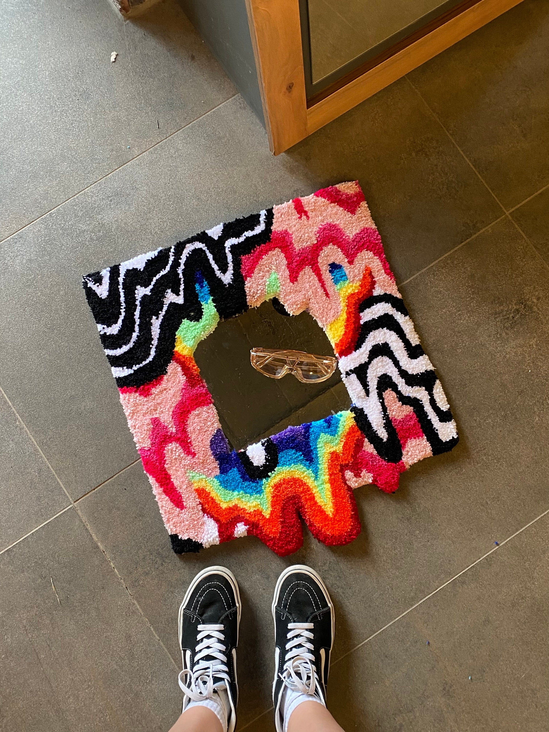 OrnnWorks Rainbow Chaotic LSD Fluid Mushroom Handmade Fluffy Mirror Rug 19.7in
