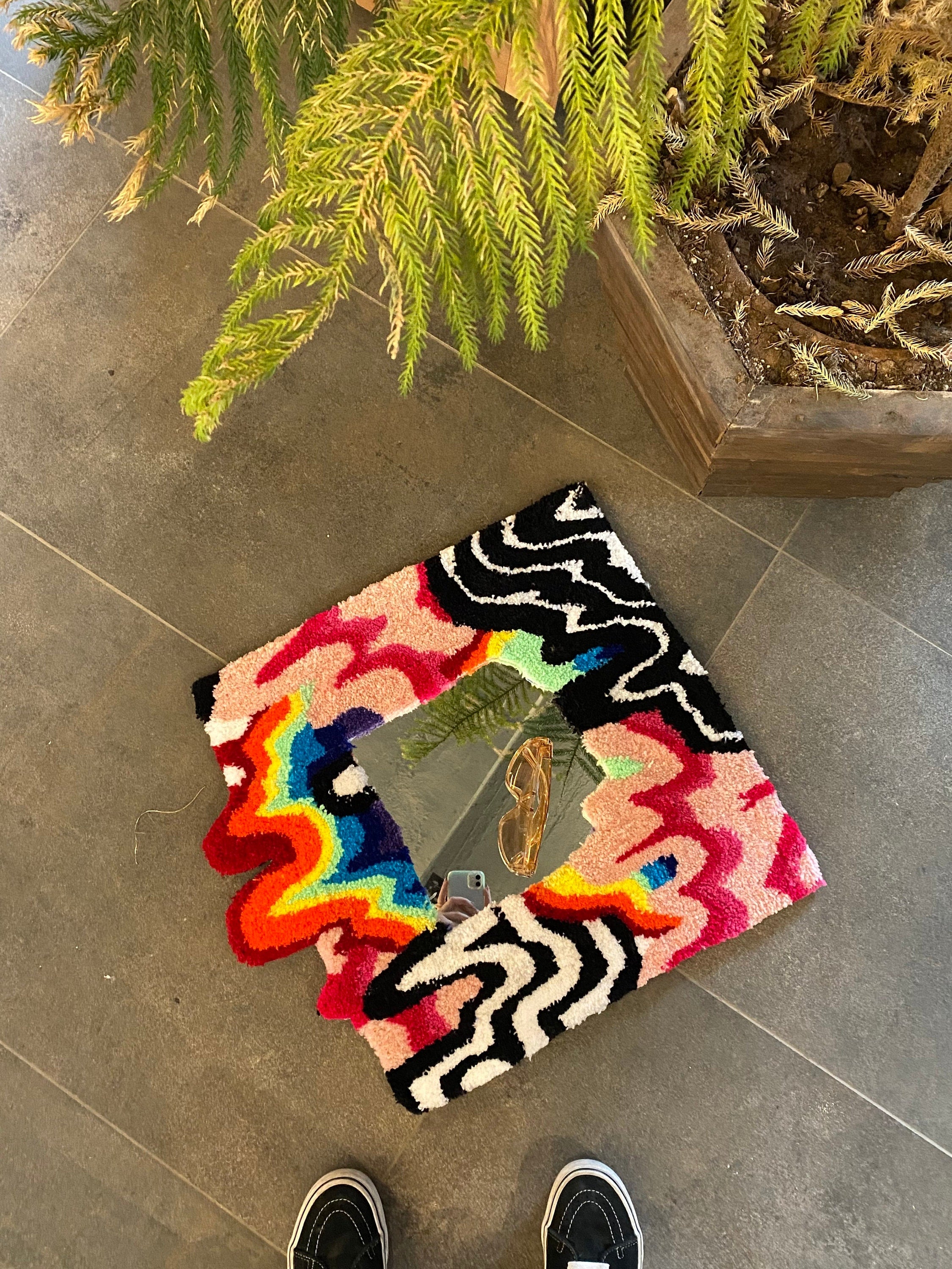 OrnnWorks Rainbow Chaotic LSD Fluid Mushroom Handmade Fluffy Mirror Rug 19.7in