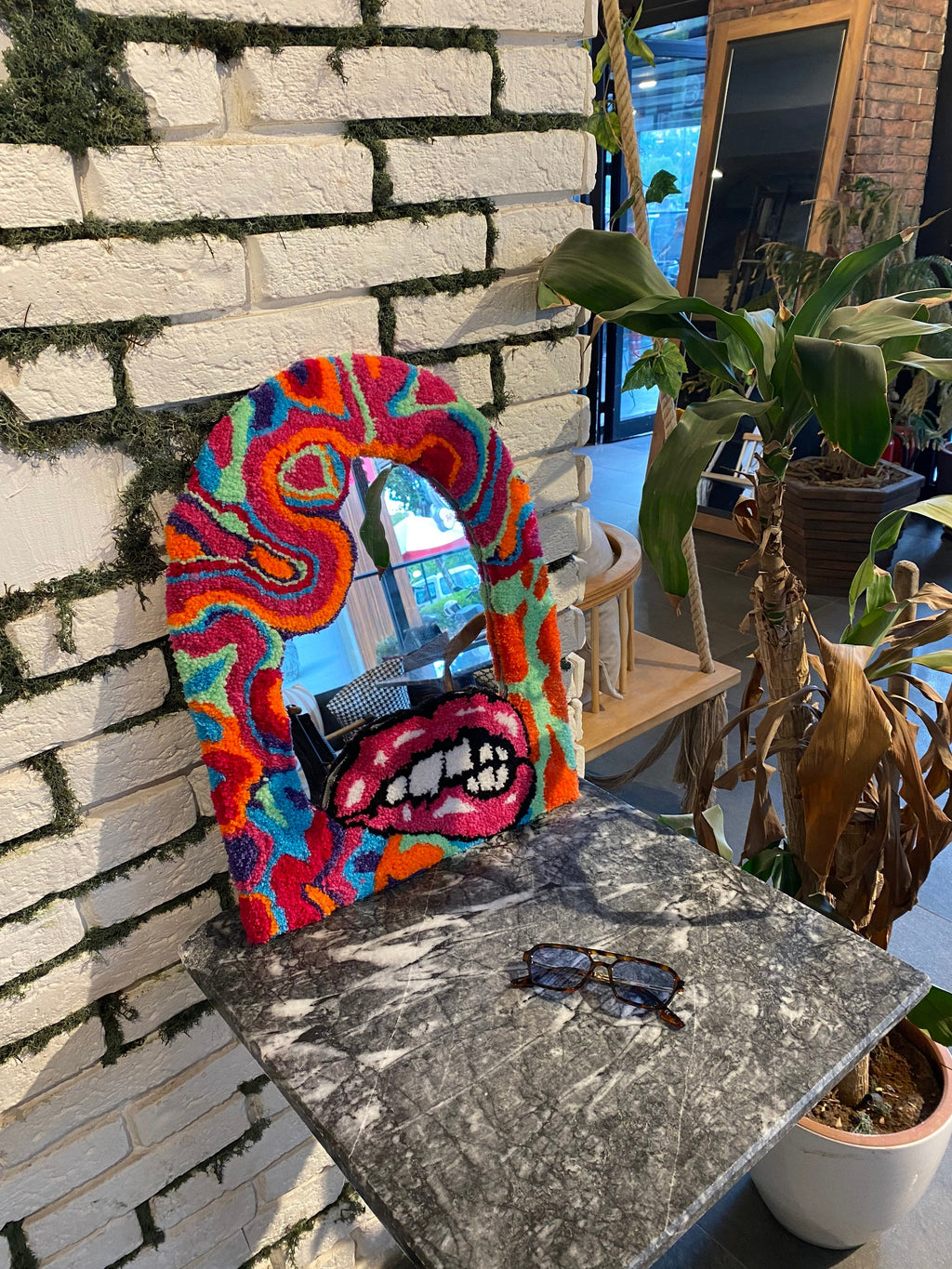 OrnnWorks Lips & Chaotic Rainbow Fluid Fluffy Mirror Rug Handmade