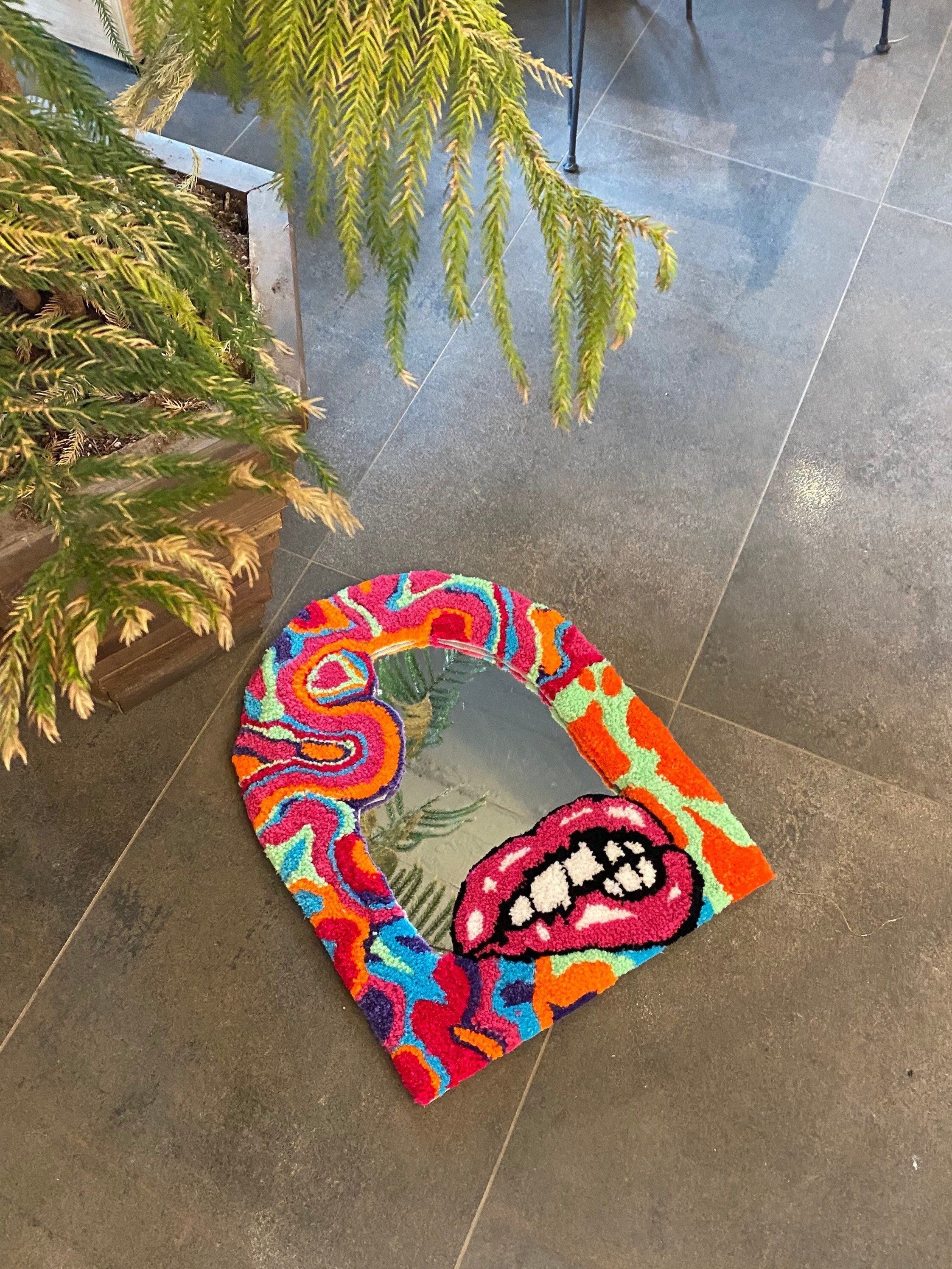 OrnnWorks Lips & Chaotic Rainbow Fluid Fluffy Mirror Rug Handmade