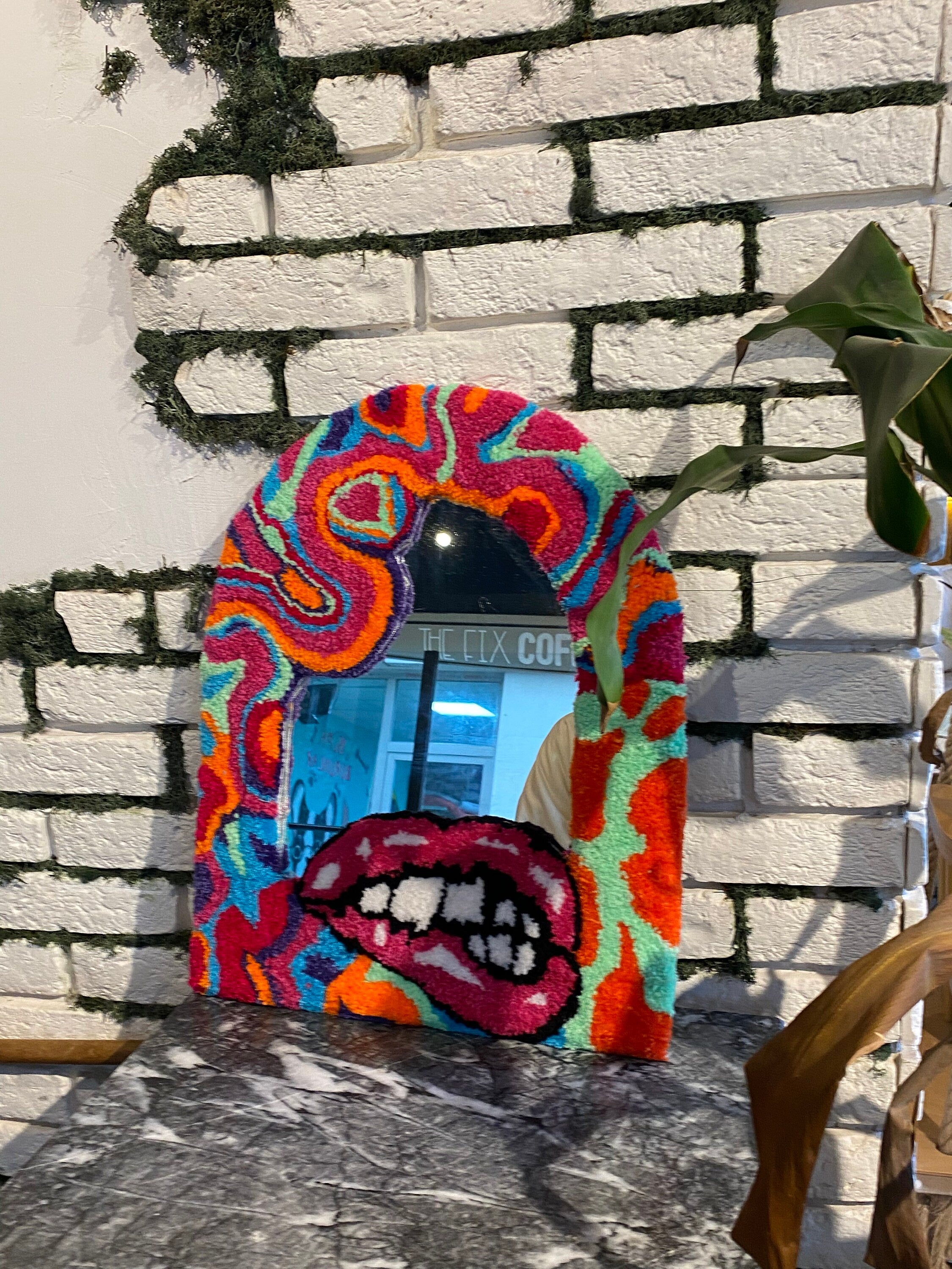 OrnnWorks Lips & Chaotic Rainbow Fluid Fluffy Mirror Rug Handmade